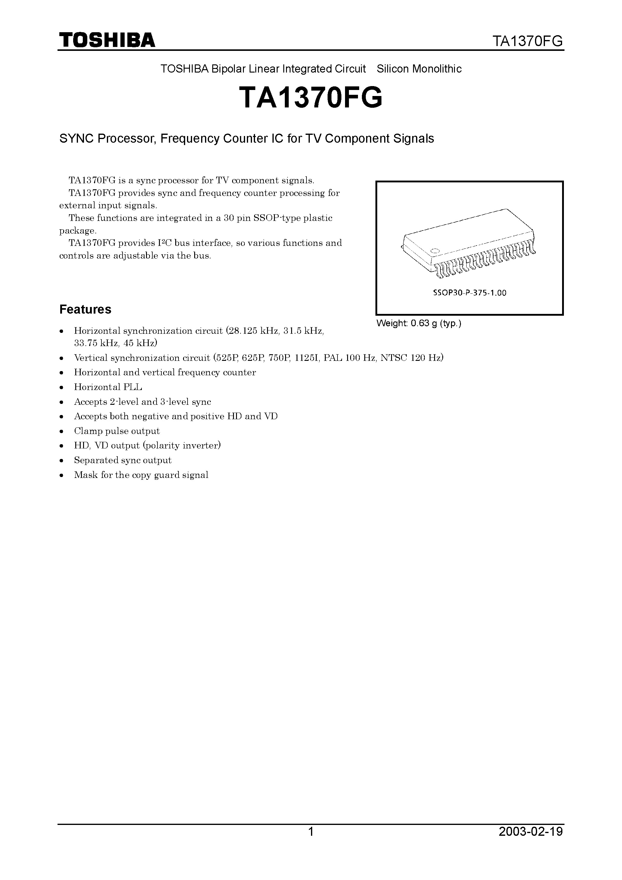 Datasheet TA1370FG page 1 Datasheet TA1370FG - SYNC Processor / Frequency Counter IC for TV Component Signals page 1