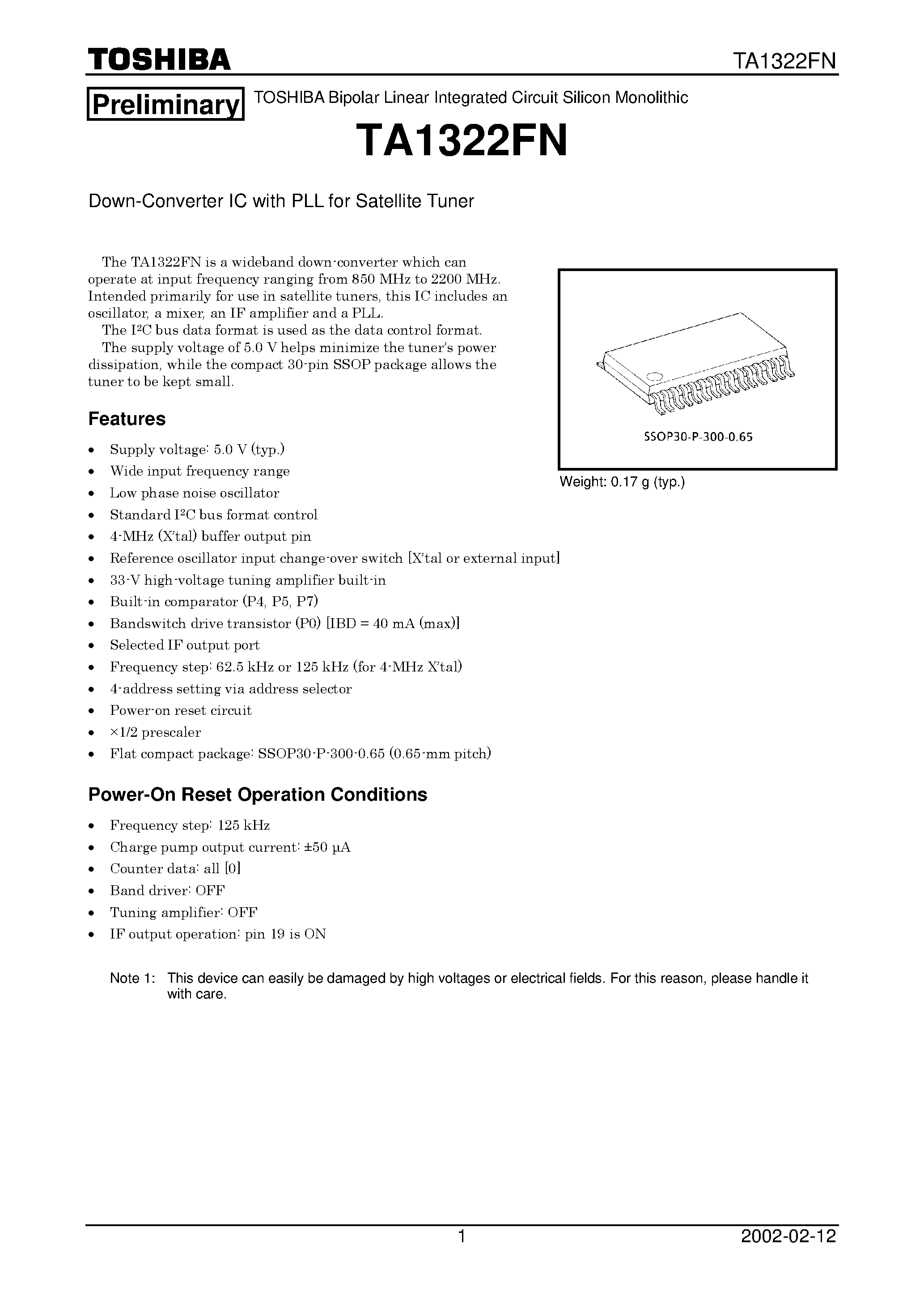 Datasheet TA1322FN - DOWB-CONVERTER IC WITH PLL FOR SATELLITE TUNER page 1
