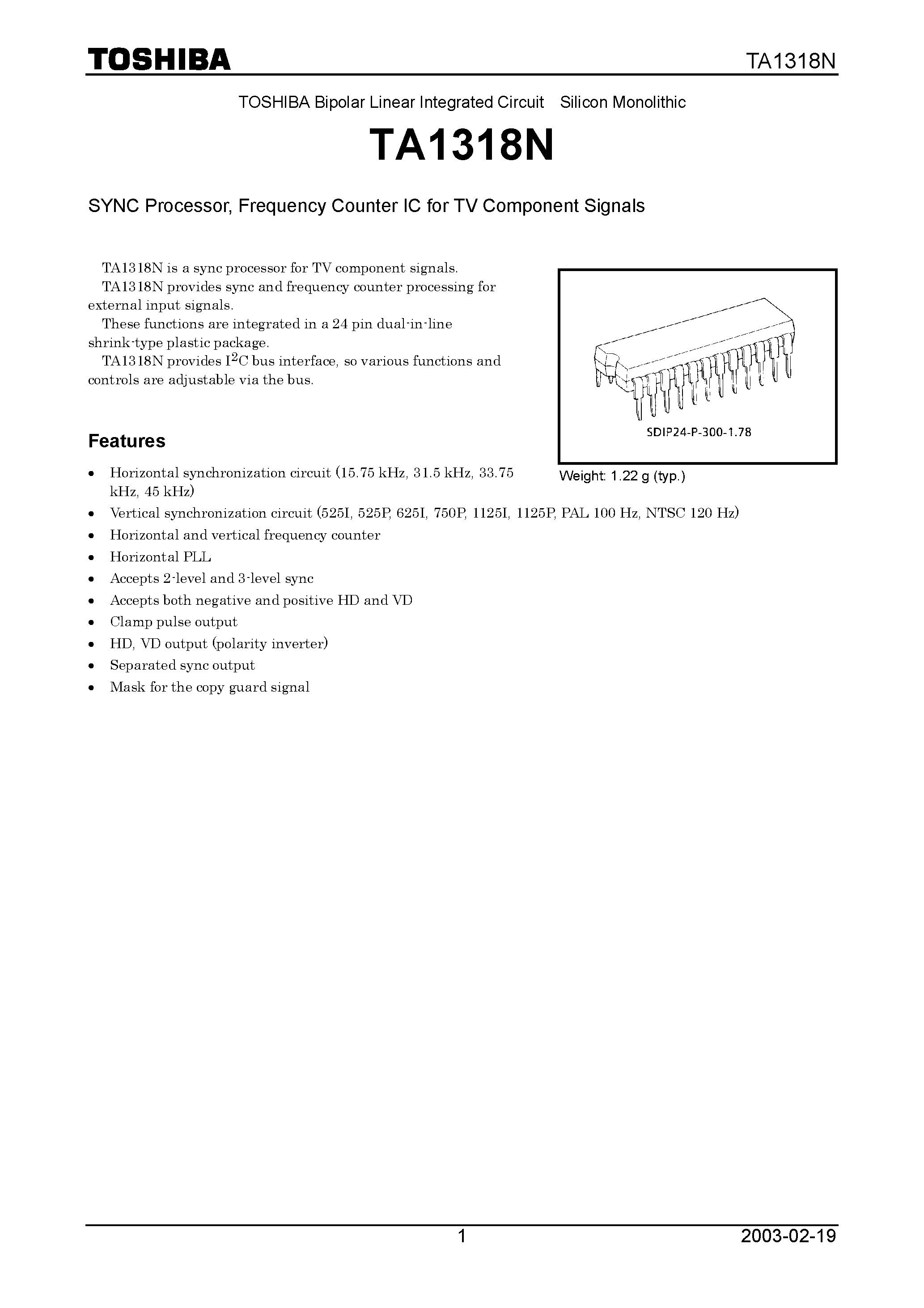 Даташит на микросхему TA1318N страница 1 Даташит TA1318N - SYNC Processor / Frequency Counter IC for TV Component Signals страница 1