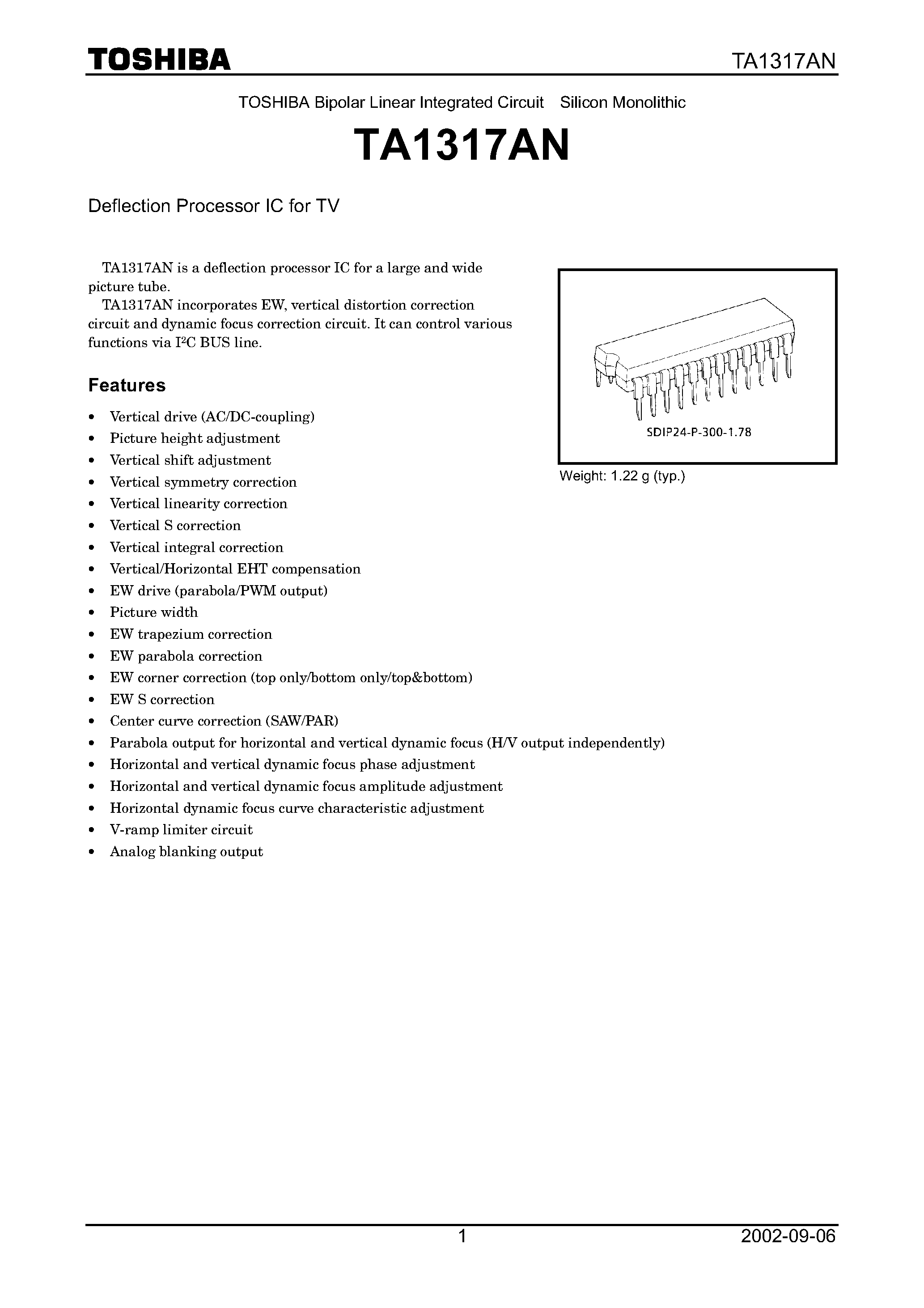 Datasheet TA1317AN - Deflection Processor IC for TV page 1