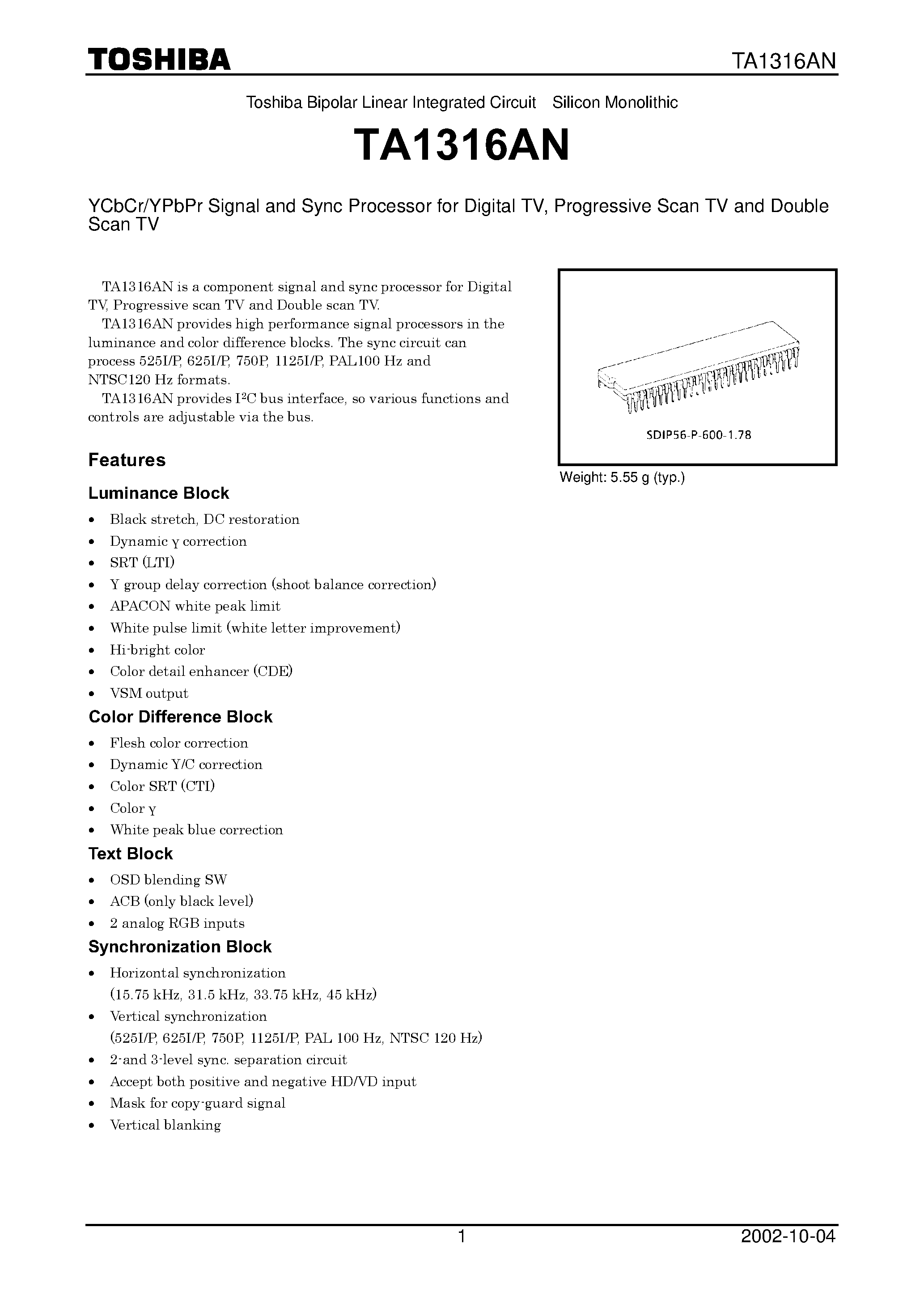 Datasheet TA1316AN - YCbCr/YPbPr Signal and Sync Processor page 1