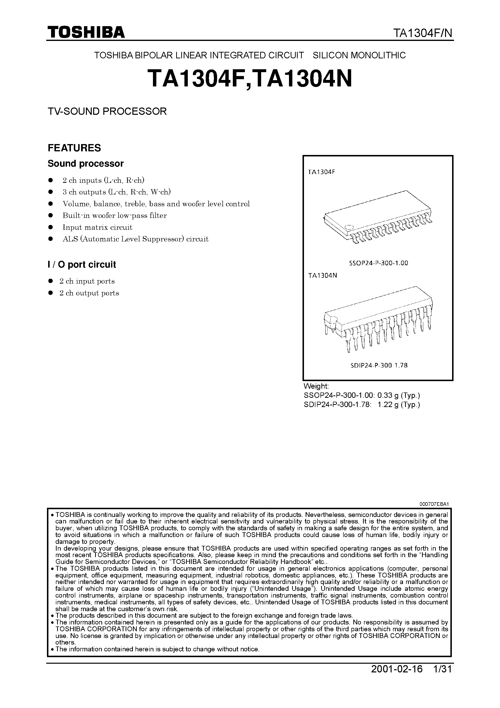 Datasheet TA1304F - (TA1304F/N) TV-SOUND PROCESSOR page 1