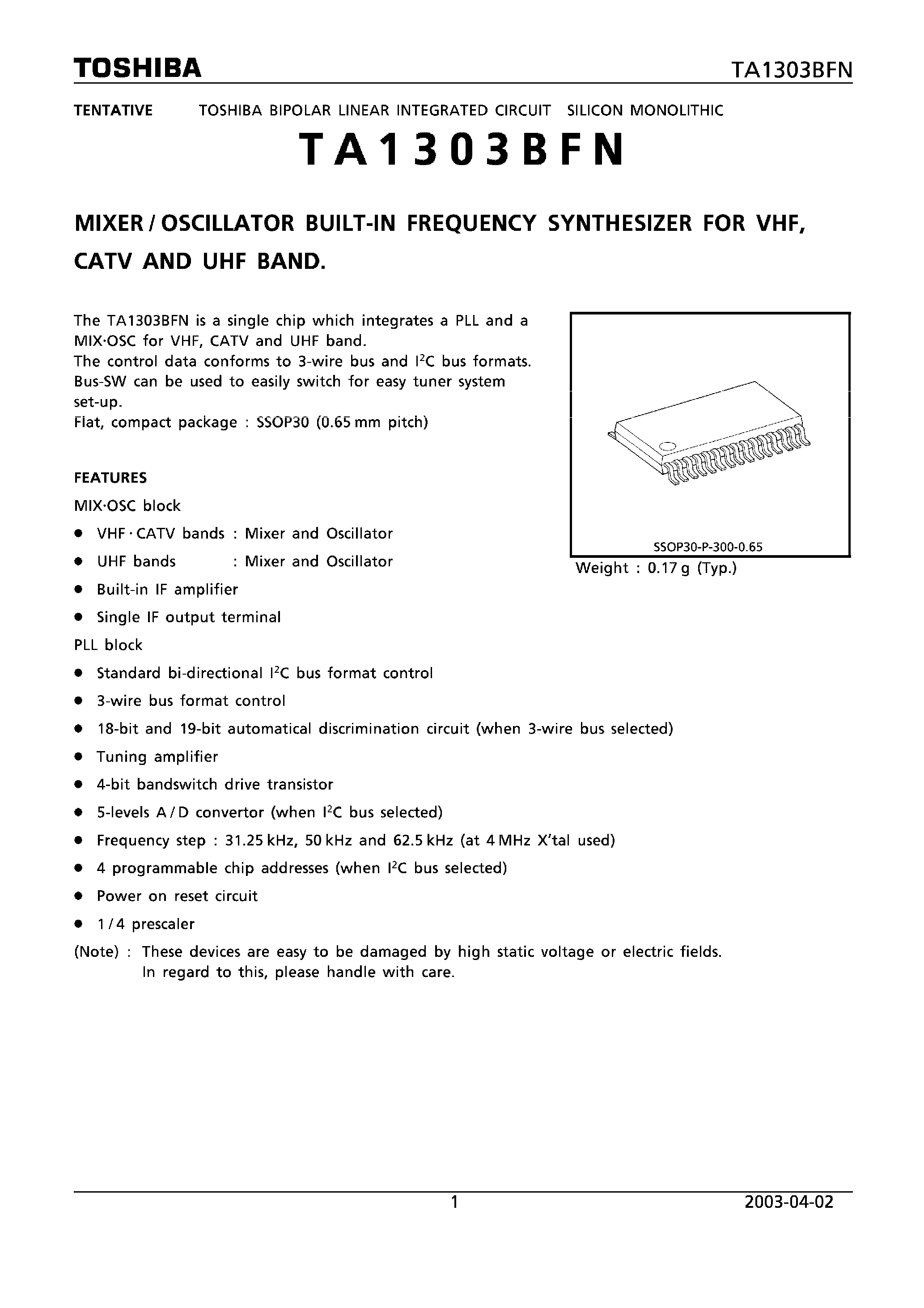 Даташит на микросхему TA1303BFN страница 1 Даташит TA1303BFN - MIXER / OSCILLATOR BUILT-IN FREQUENCY SYNTHESIZER страница 1