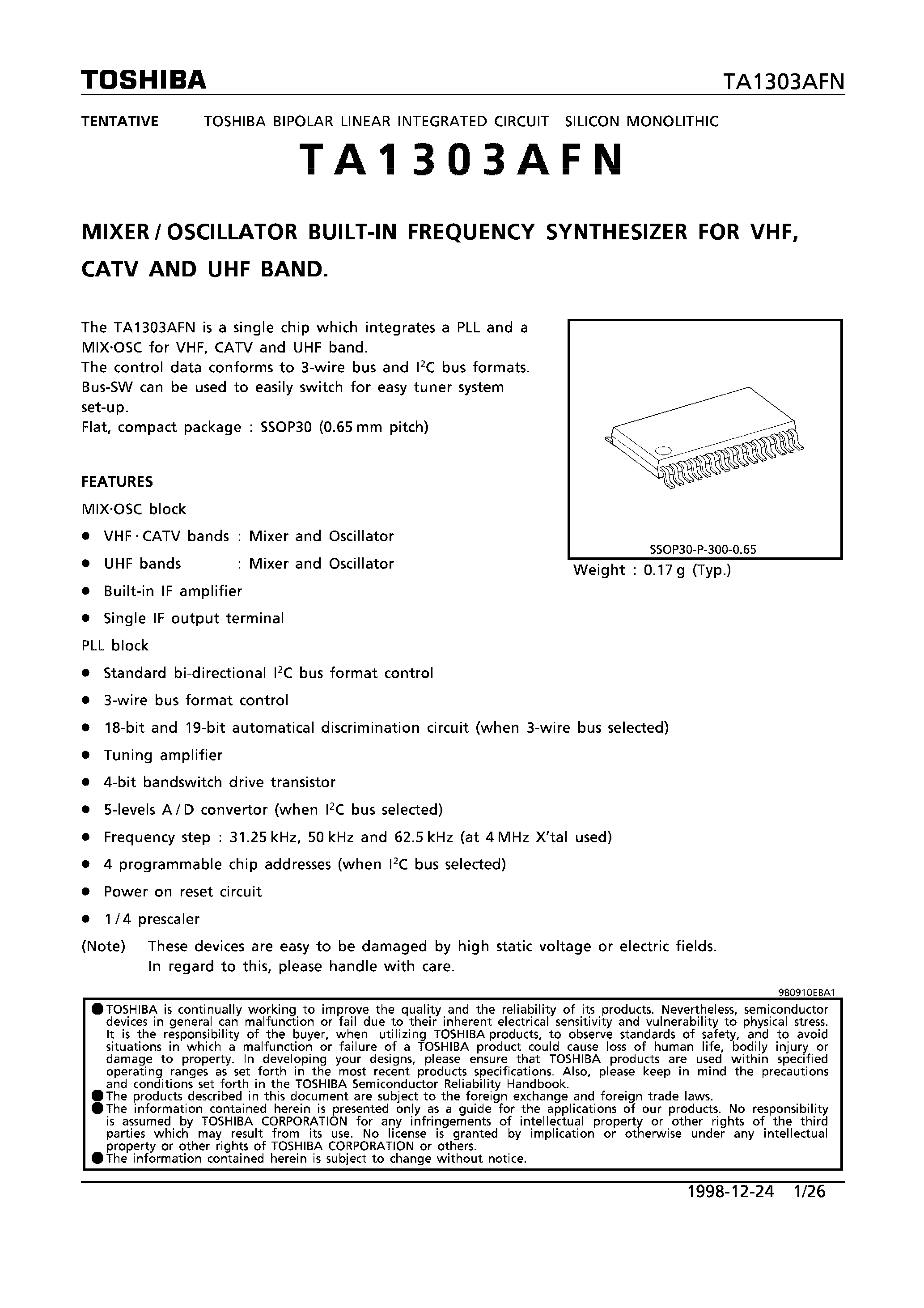 Даташит на микросхему TA1303AFN страница 1 Даташит TA1303AFN - MIXER/OSCILLATOR BUILT-IN FREQUENCY SYNTHSIZER страница 1