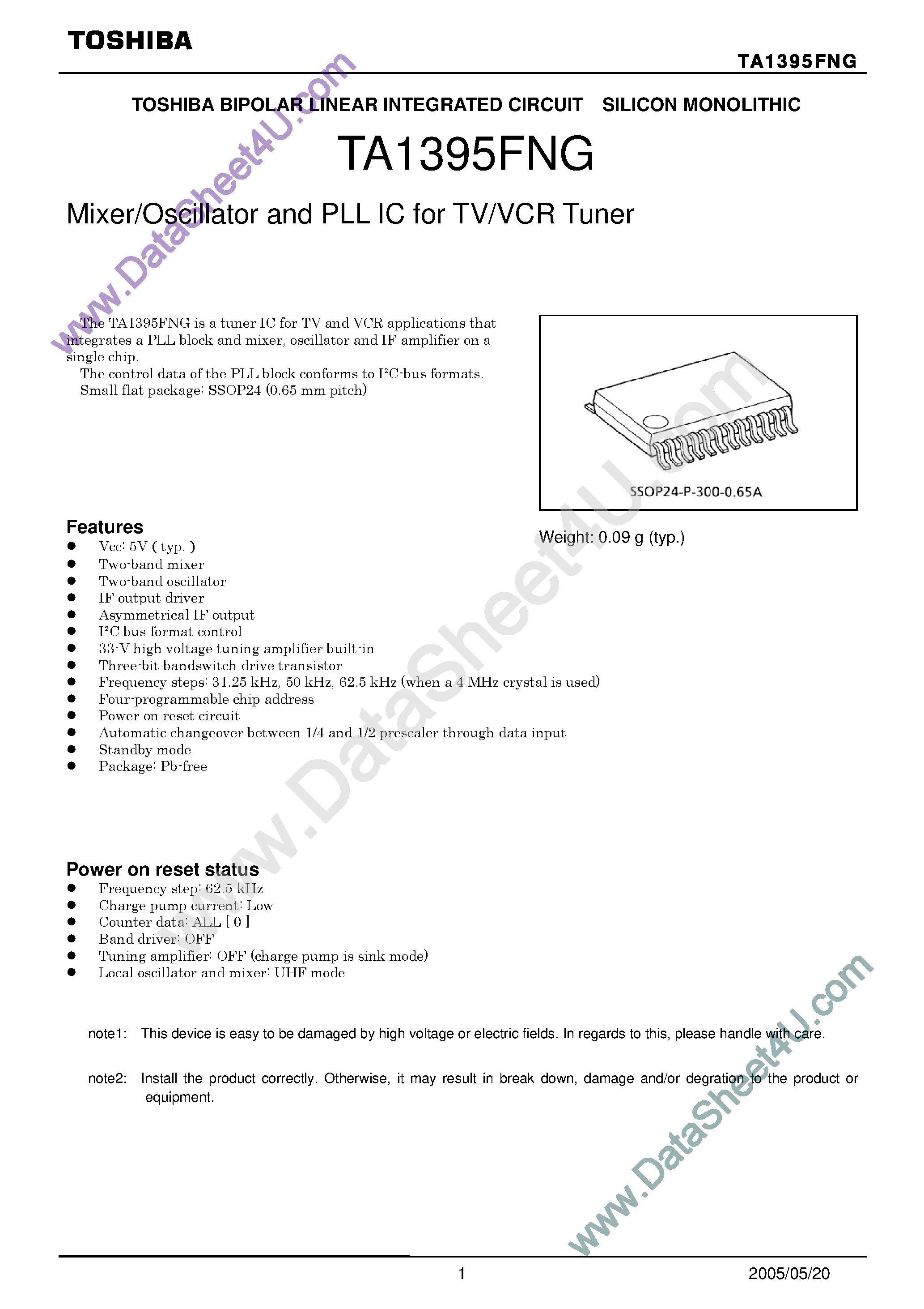 Datasheet TA1395FNG page 1 Datasheet TA1395FNG - Mixer / Oscillator and PLL IC page 1