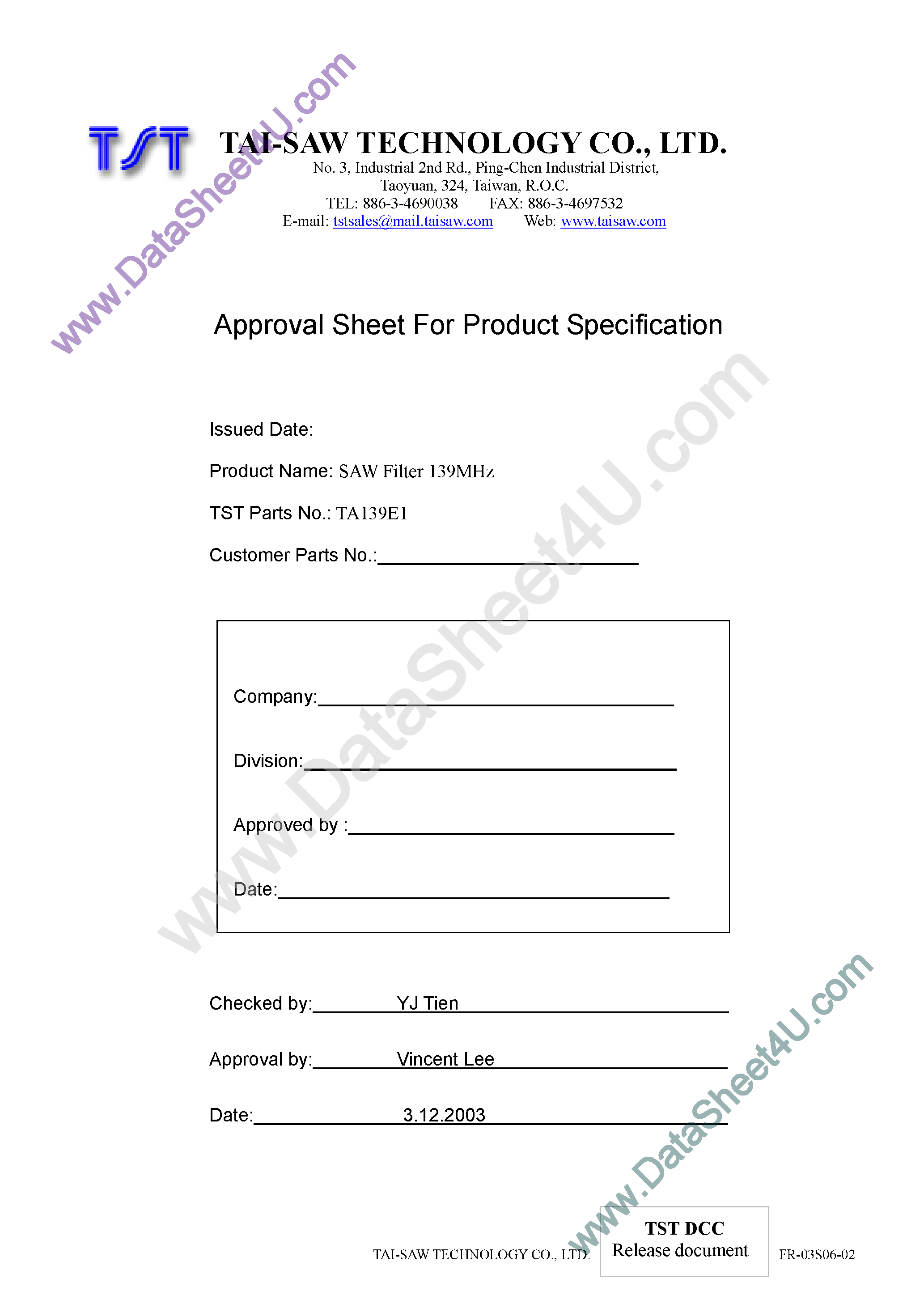 Даташит на микросхему TA139E1 страница 1 Даташит TA139E1 - SAW Filter 139 Mhz страница 1