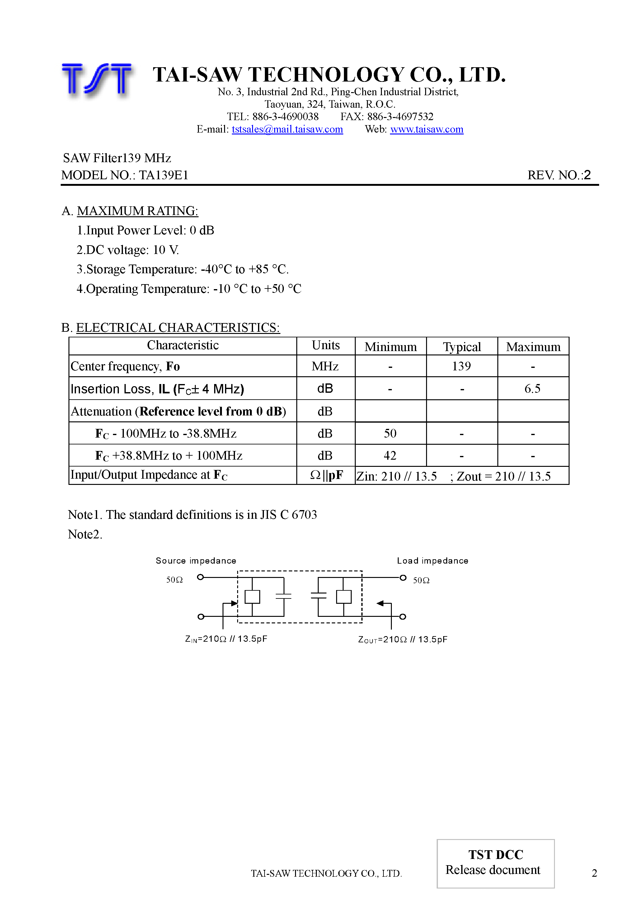Даташит на микросхему TA139E1 страница 2 Даташит TA139E1 - SAW Filter 139 Mhz страница 2