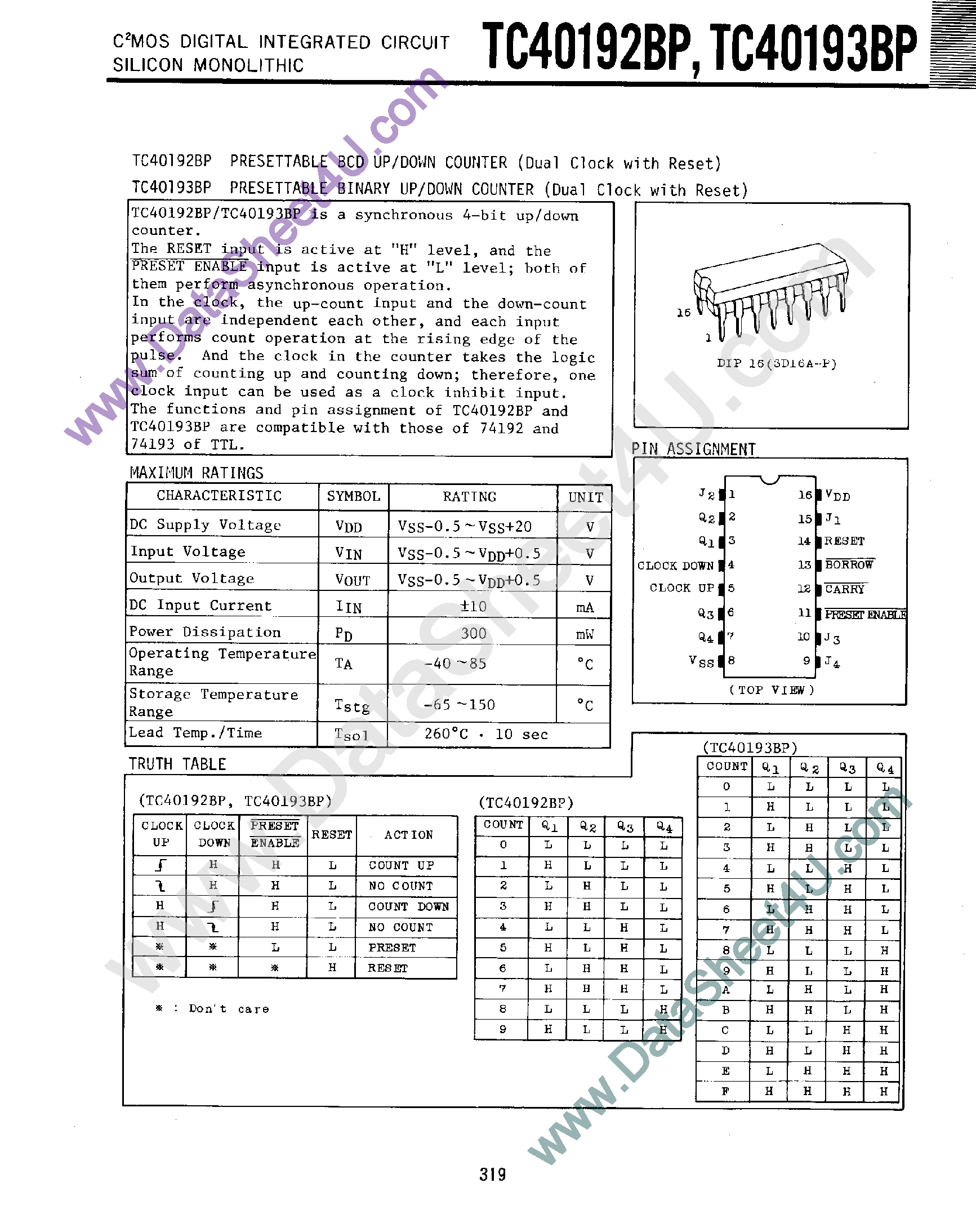 Datasheet TC40192BP - (TC40192BP / TC40193BP) Presettable Up/Down Counter page 1