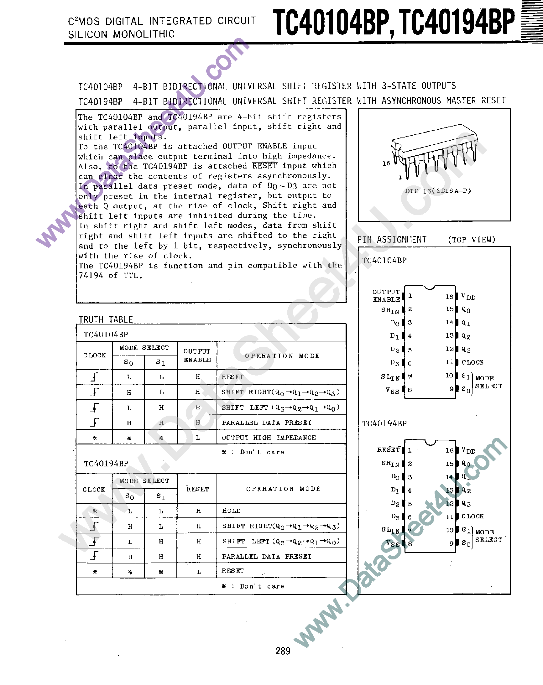 Datasheet TC40104BP page 1 Datasheet TC40104BP - (TC40104BP / TC40194BP) 4-Bit Bidirectional Shift Register page 1
