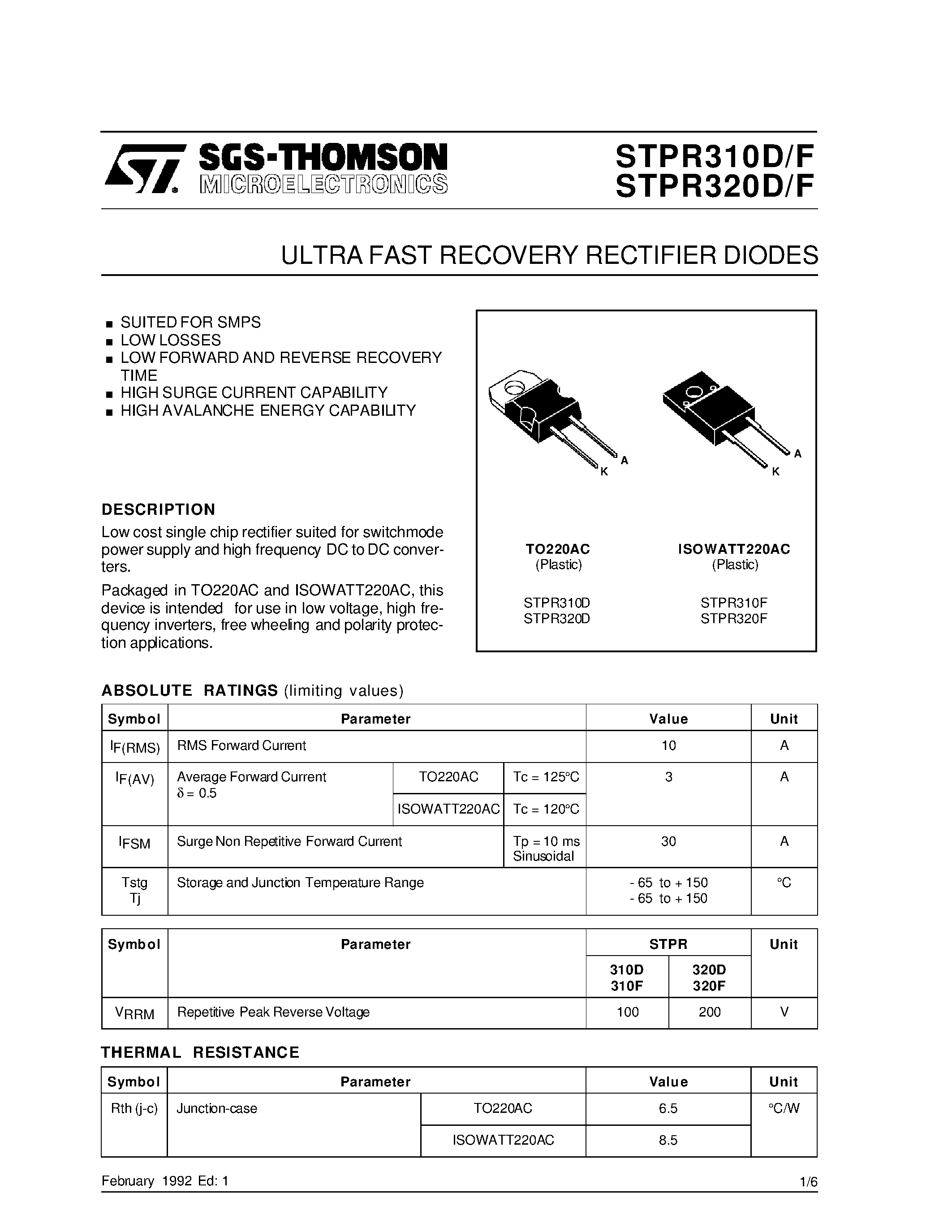 Даташит STPR310D - (STPR310D/F - STPR320D/F) ULTRA FAST RECOVERY RECTIFIER DIODES страница 1