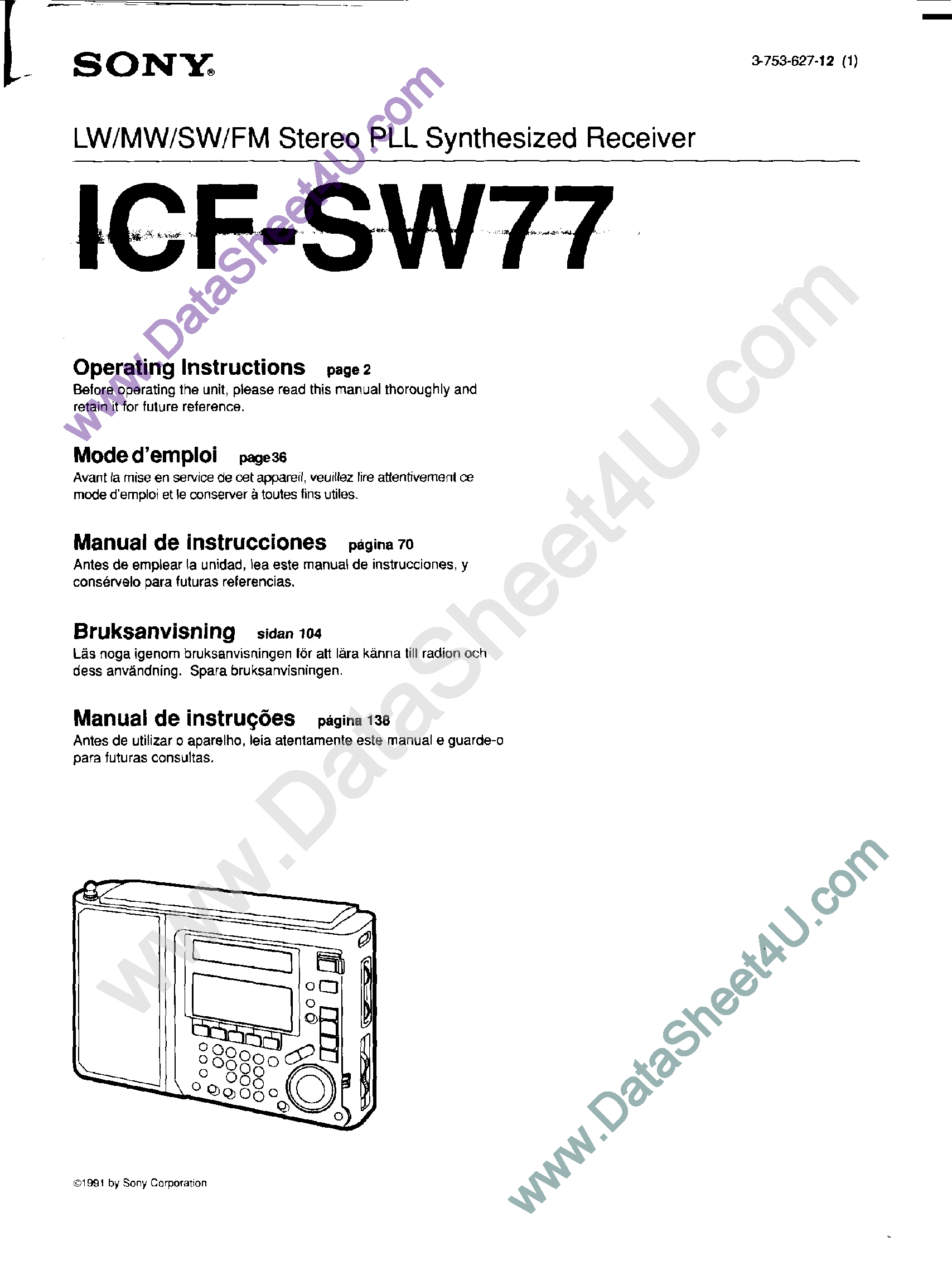 Даташит ICF-SW77 - Stereo PLL Synthesized Receiver страница 1