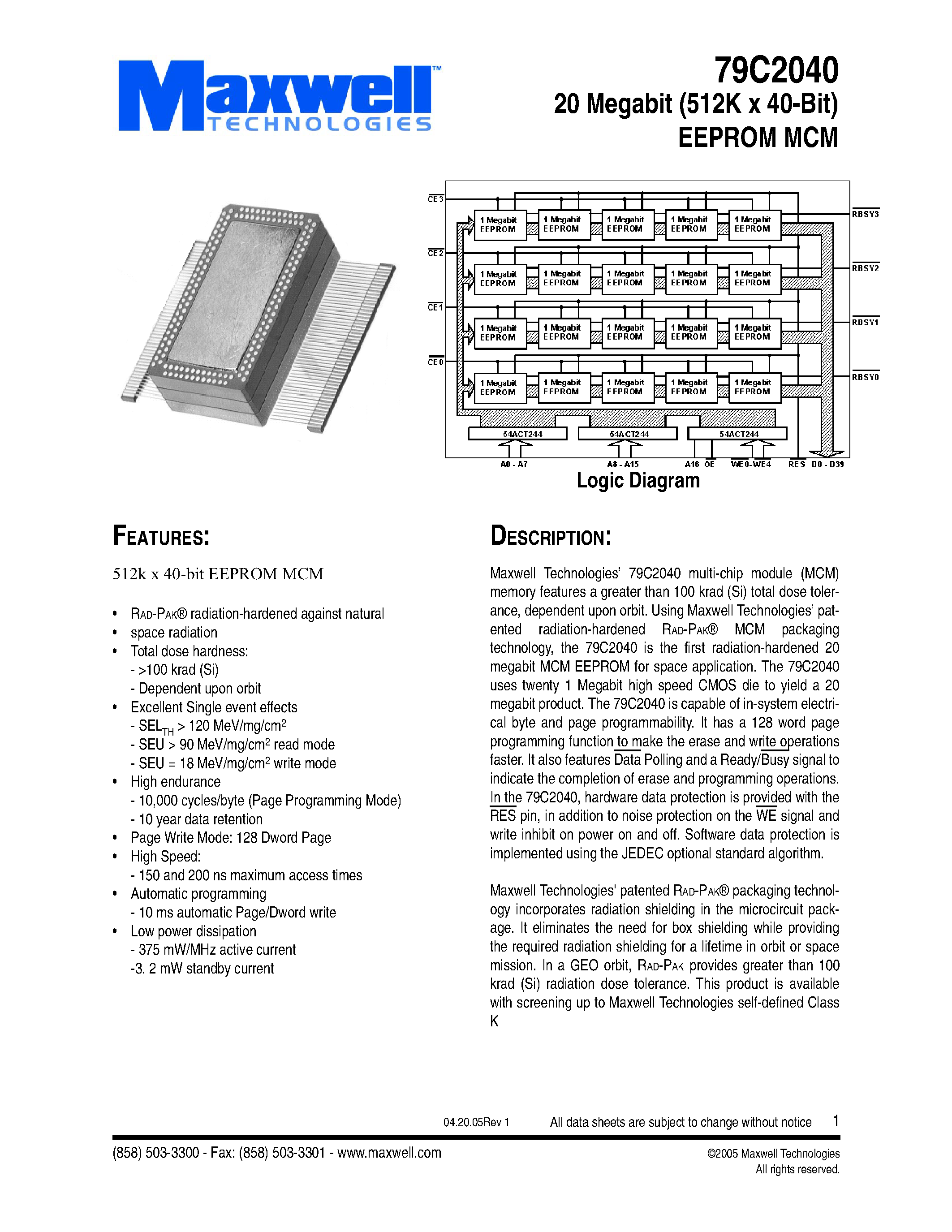 Datasheet 79C2040 - 20 Megabit (512K x 40-Bit) EEPROM MCM page 1