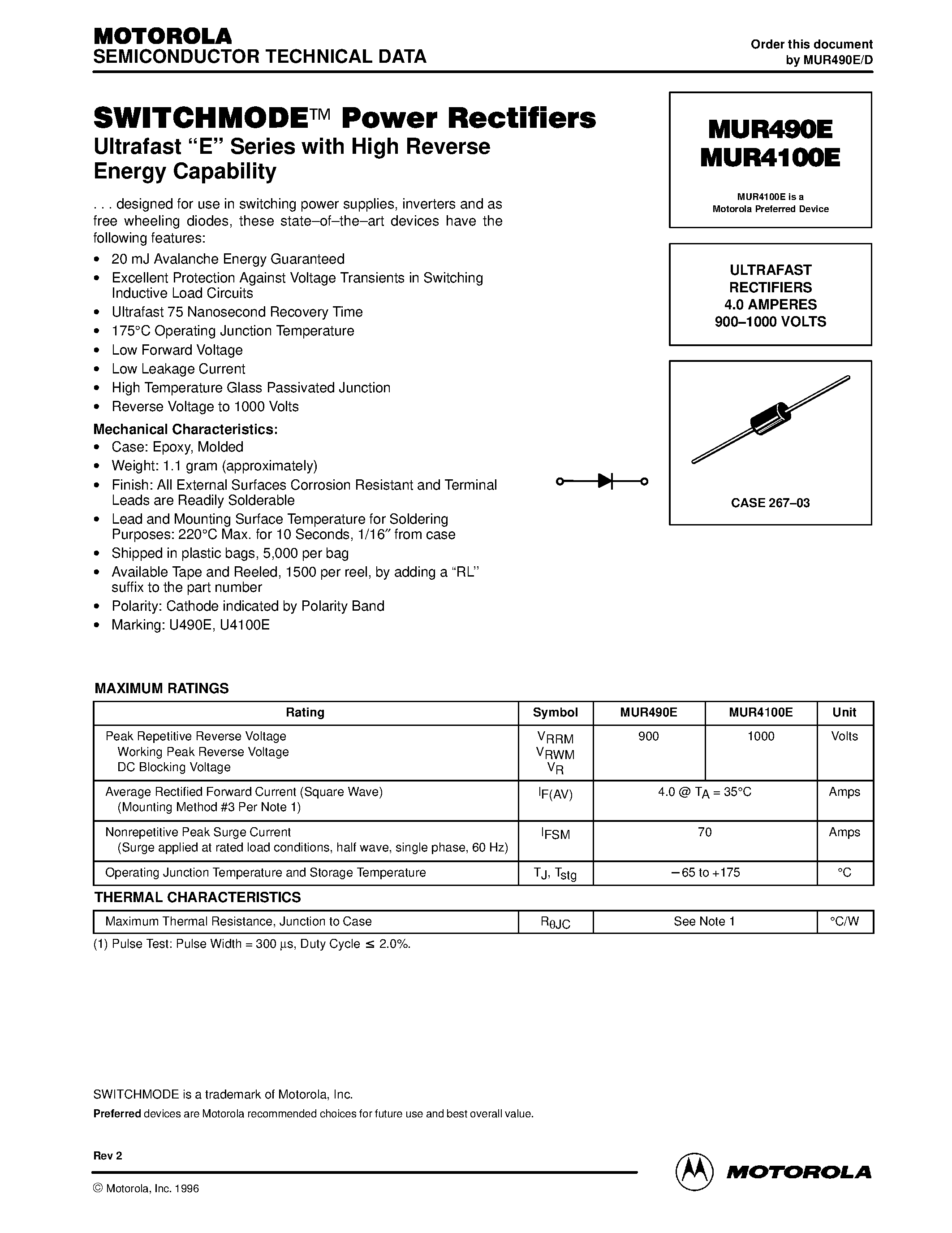 Datasheet MUR4100E - (MUR490E / MUR4100E) ULTRAFAST RECTIFIERS 4.0 AMPERES 900-1000 VOLTS page 1