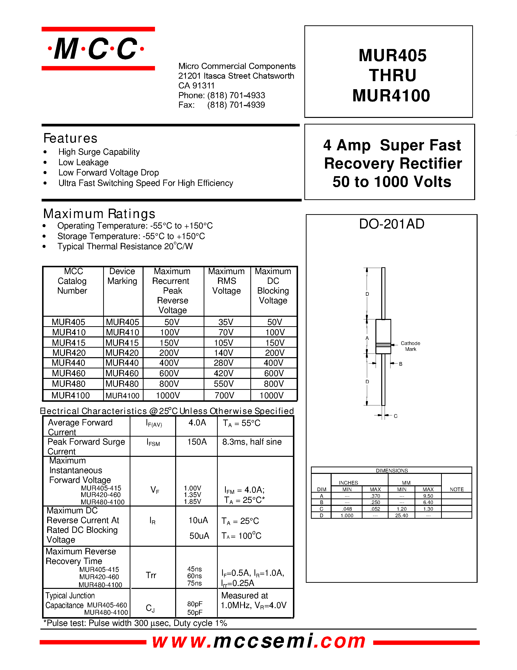 Datasheet MUR405 - (MUR405 - MUR4100) 4 Amp Super Fast Recovery Rectifier 50 to 1000 Volts page 1