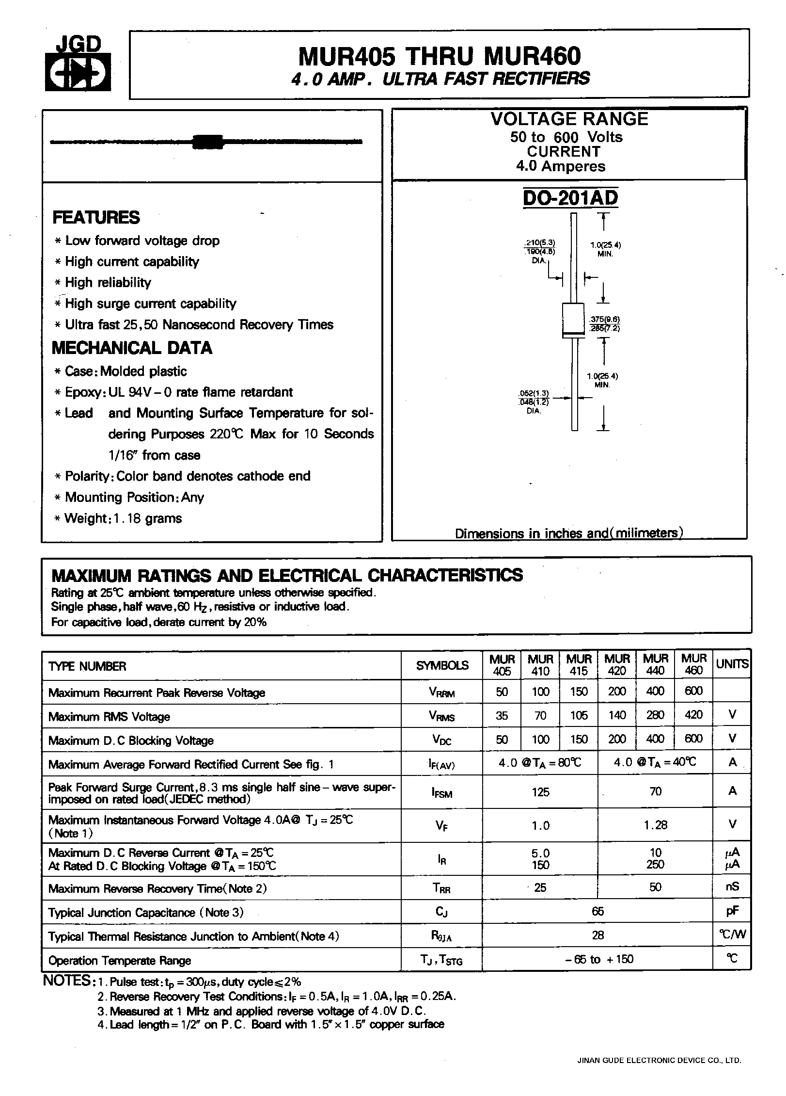 Datasheet MUR405 - (MUR405 - MUR460) 4.0 AMPS / ULTRA FAST RECTIFIERS page 1
