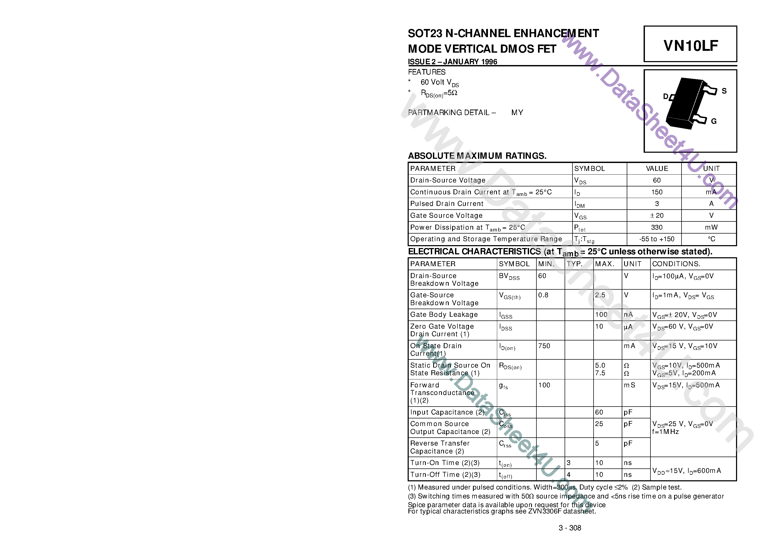 Datasheet VN10LF - N-Channel Enhancement Mode Vertical DMOS FET page 1