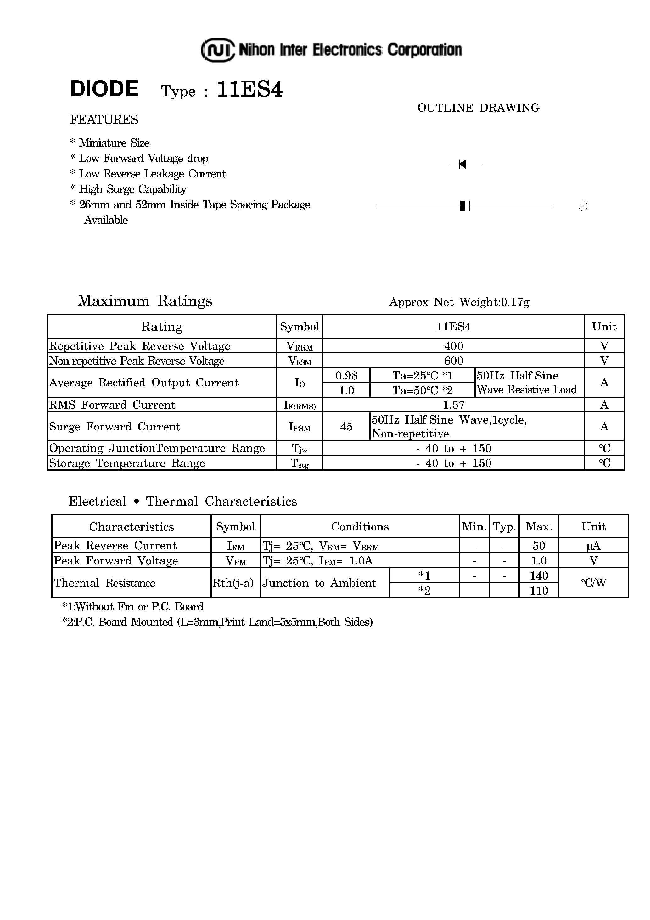 Datasheet 11ES4 page 1 Datasheet 11ES4 - Low Forward Voltage Drop Diode page 1