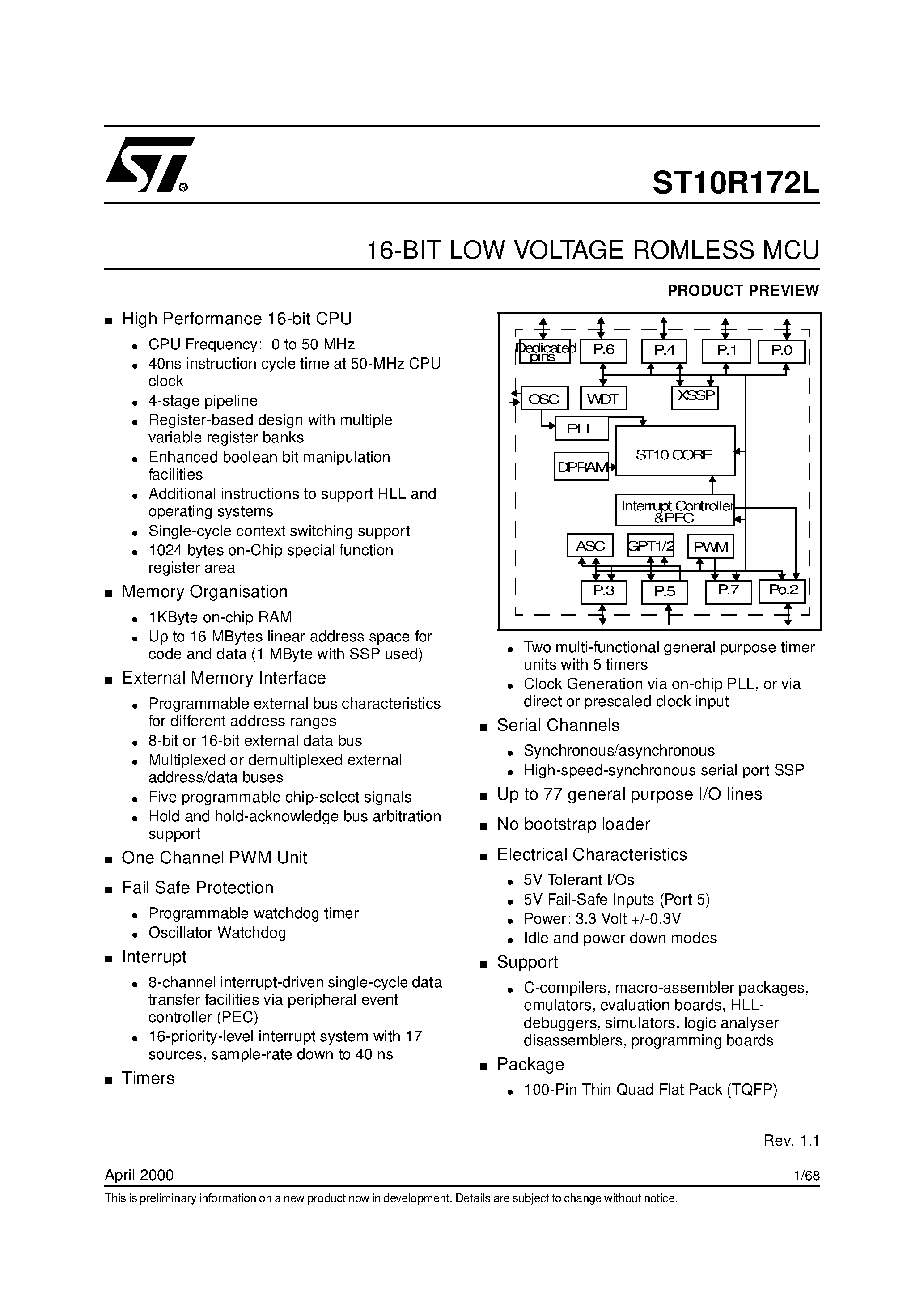 Даташит на микросхему ST10R172L страница 1 Даташит ST10R172L - 16-BIT LOW VOLTAGE ROMLESS MCU страница 1