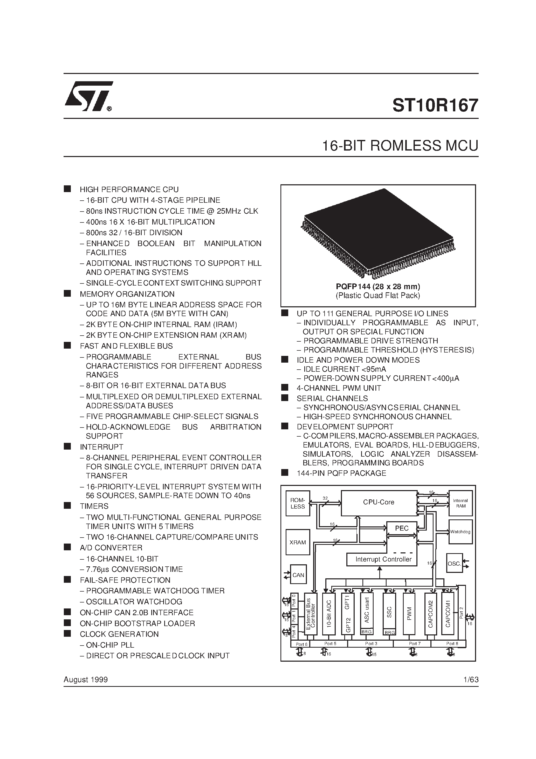 Даташит на микросхему ST10R167 страница 1 Даташит ST10R167 - 16-BIT ROMLESS MCU страница 1