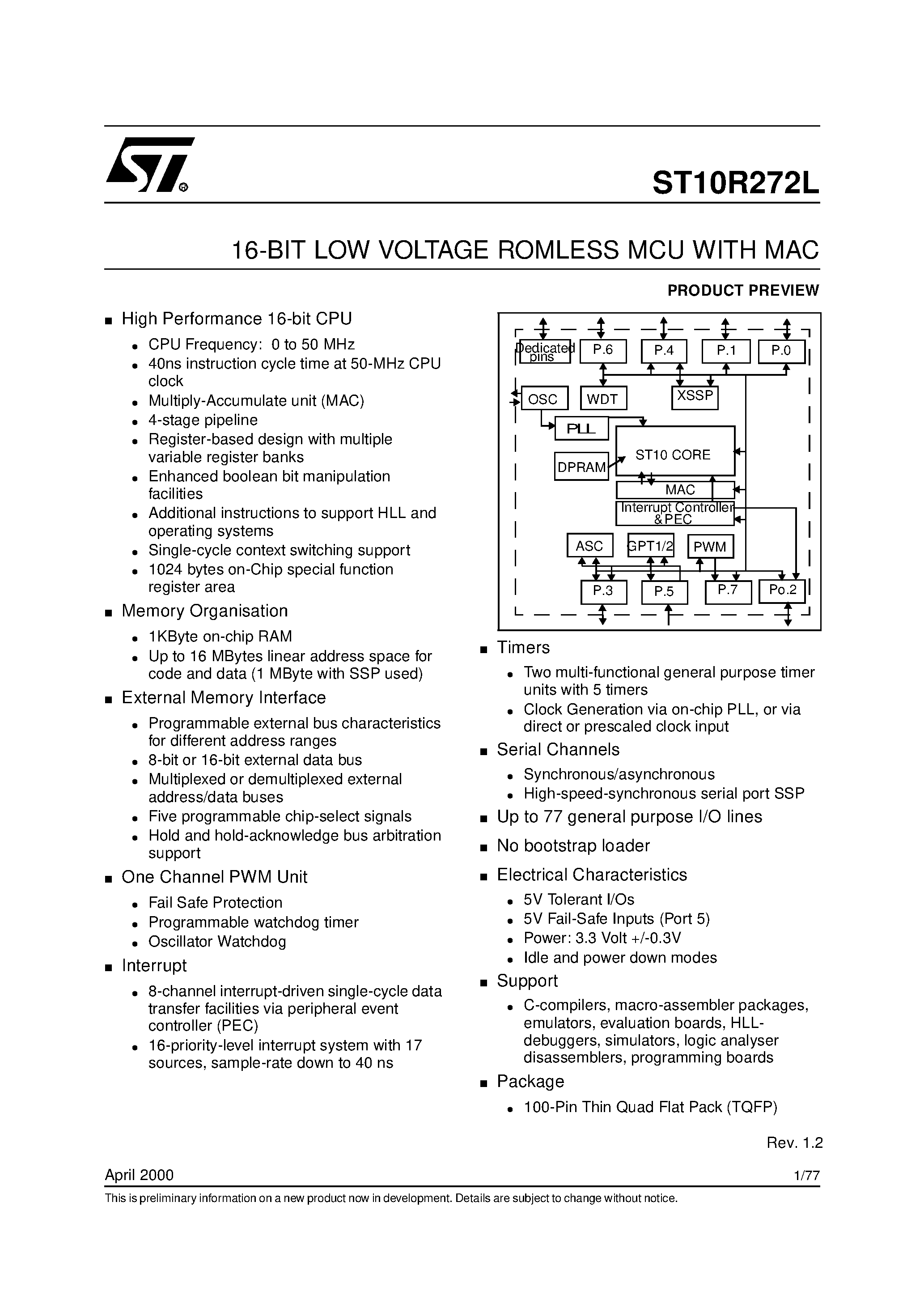 Даташит на микросхему ST10R272L страница 1 Даташит ST10R272L - 16-BIT LOW VOLTAGE ROMLESS MCU WITH MAC страница 1