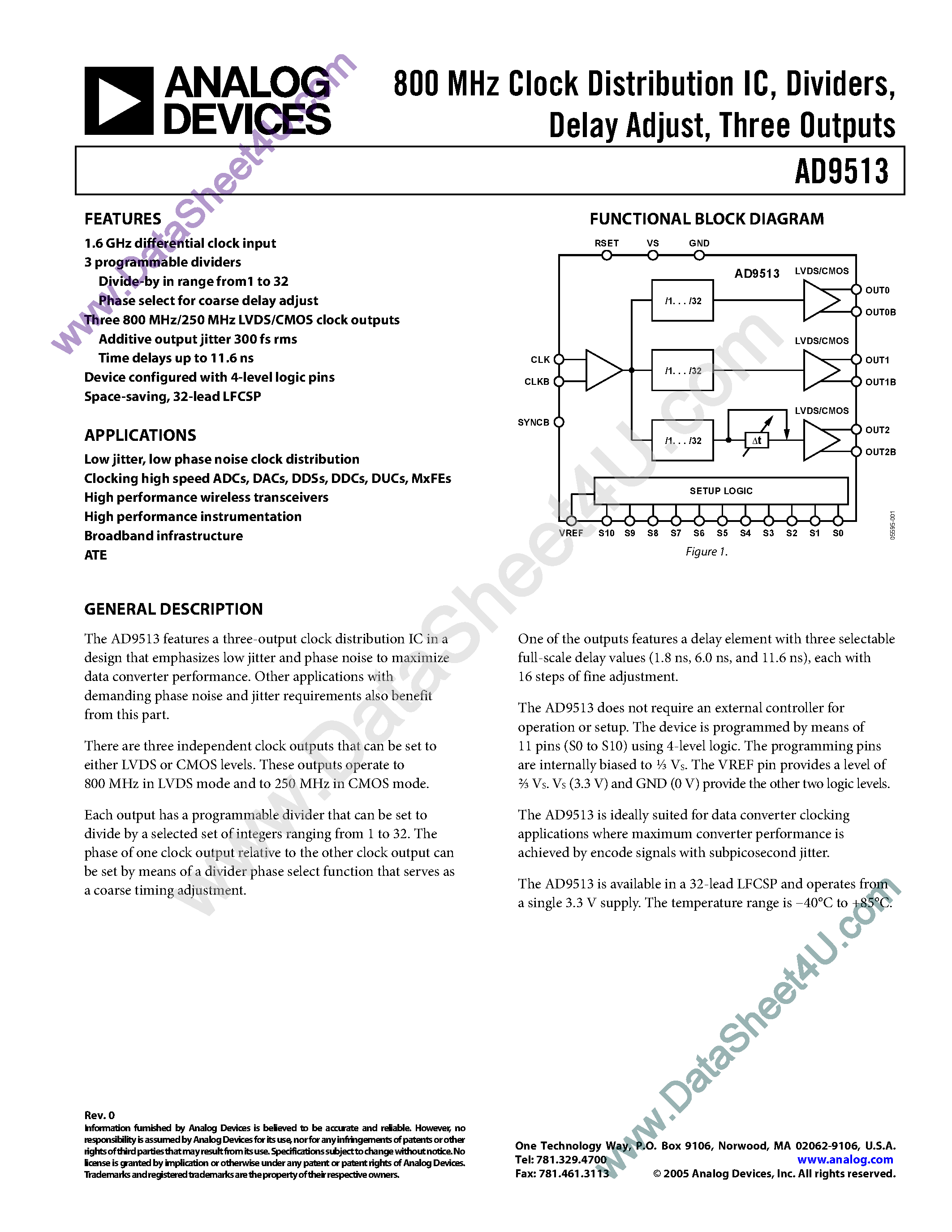 Datasheet AD9513 - 800Mhz Clock Distribution IC / Divider / Delay Adjust / 3 Outputs page 1