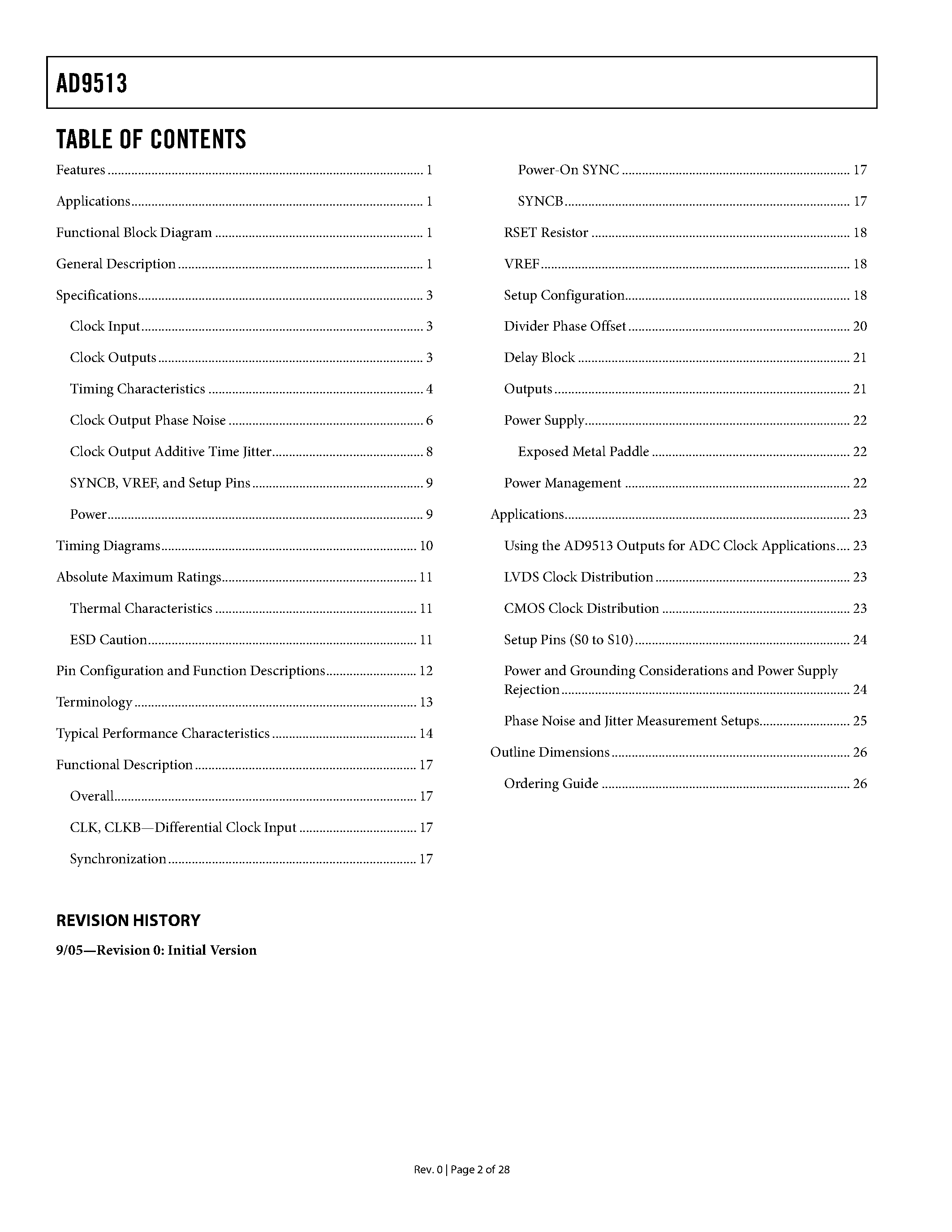 Datasheet AD9513 - 800Mhz Clock Distribution IC / Divider / Delay Adjust / 3 Outputs page 2