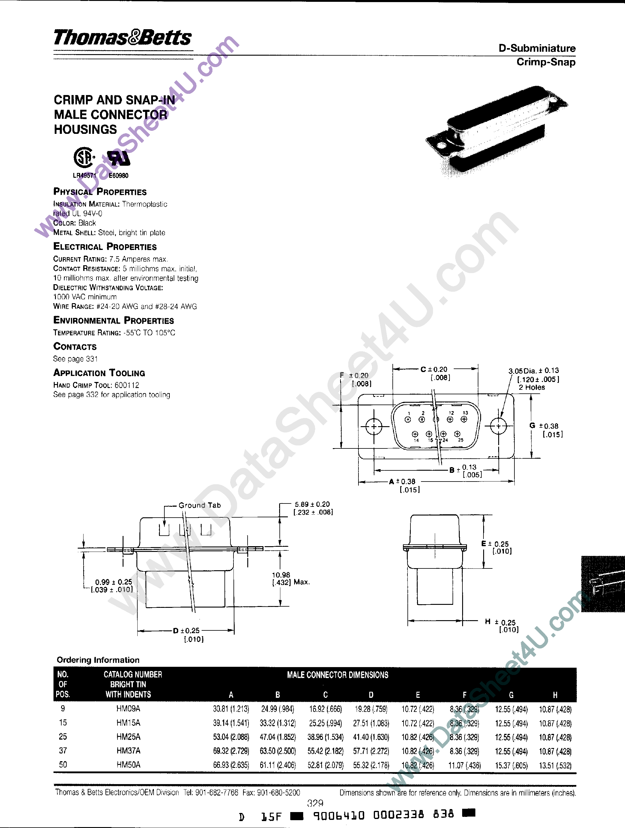 Даташит на микросхему HM50A страница 1 Даташит HM50A - D-Subminiature / Crimp and Snap-In Male Connector Housings страница 1