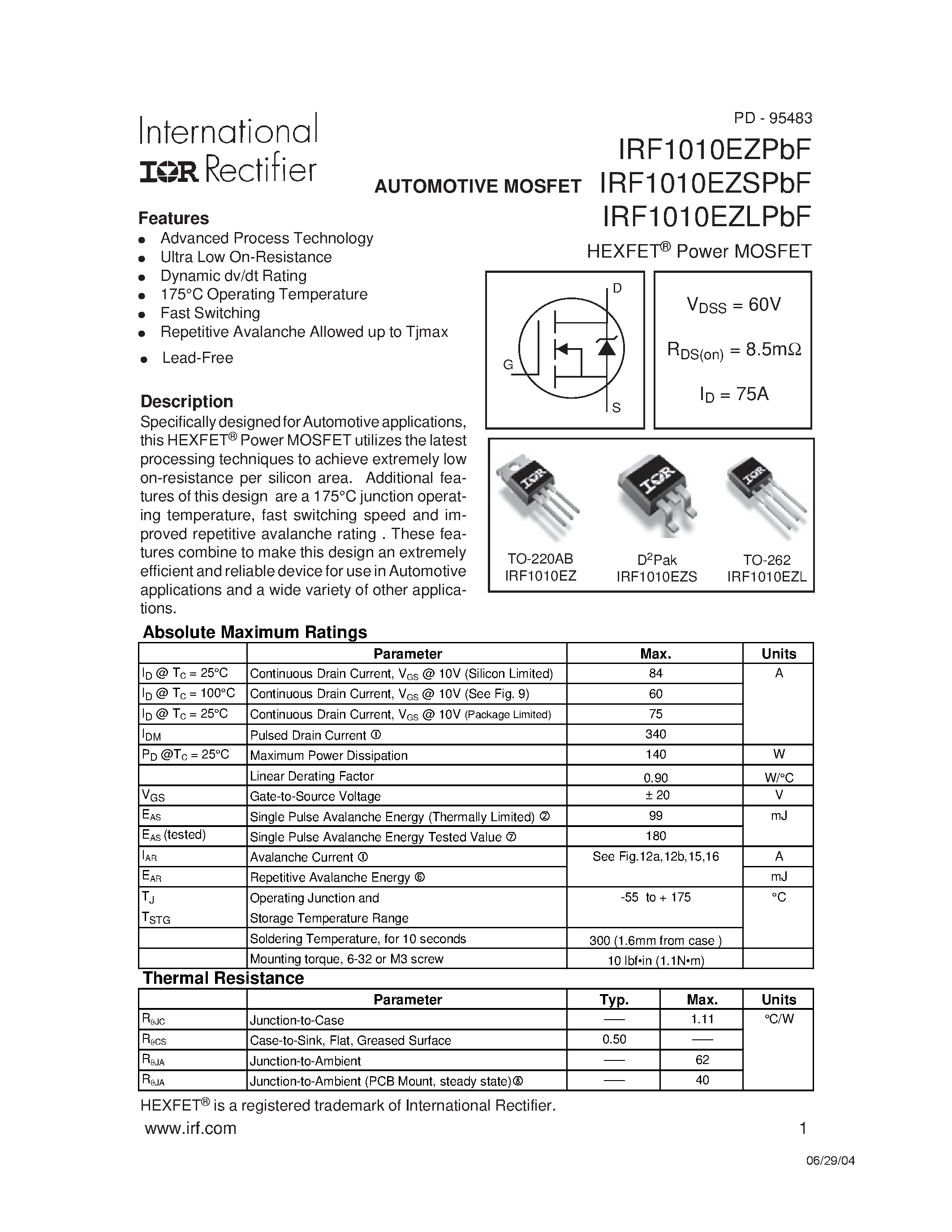 Даташит на микросхему IRF1010EZ страница 1 Даташит IRF1010EZ - AUTOMOTIVE MOSFET страница 1