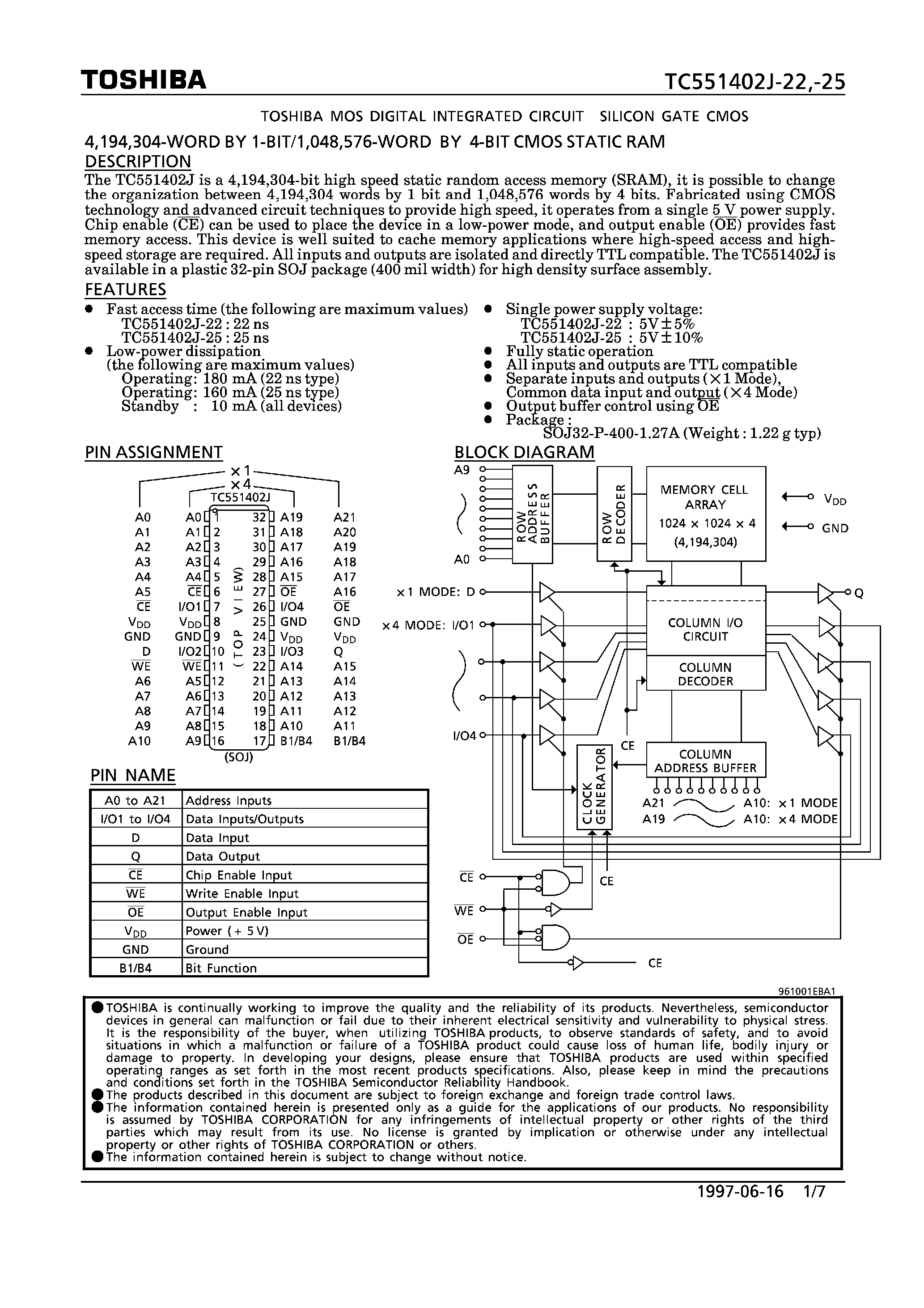 Datasheet TC551402J-22 page 1 Datasheet TC551402J-22 - (TC551402J-22/-25) CMOS STATIC RAM page 1