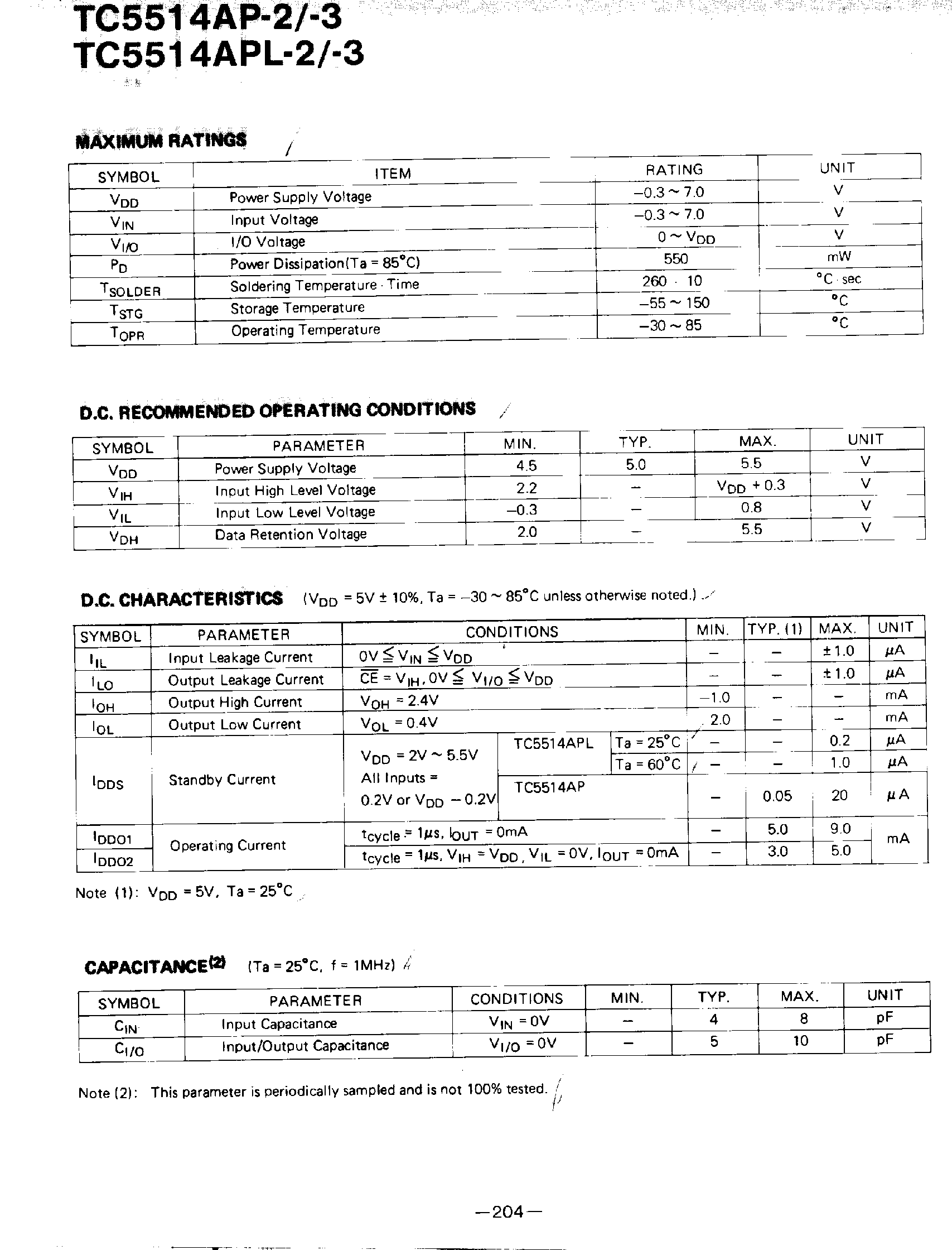 Datasheet TC5514AP - (TC5514P/AP/APL) 1024 x 4-Bit CMOS Static RAM page 2