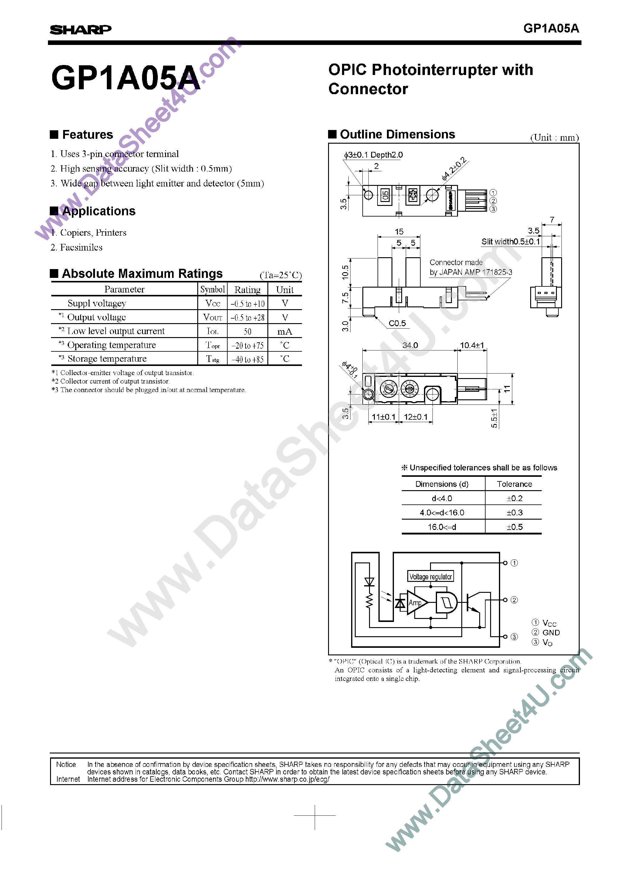 Datasheet GP1A05A - Opic Photointerrupter With Connector in a Sensitive Case Type Package page 1
