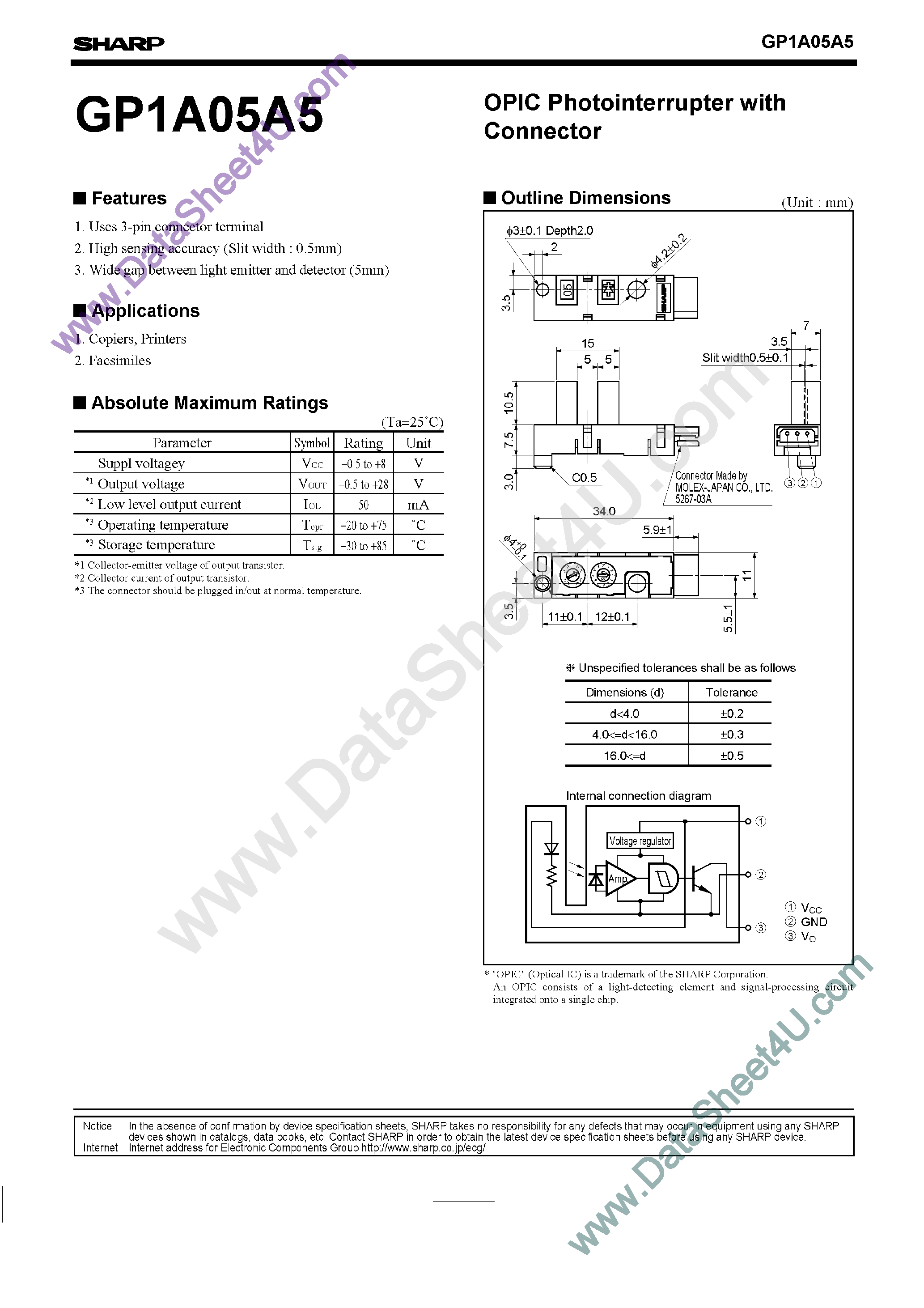 Даташит GP1A05A5 - Opic Photointerrupter With Connector страница 1