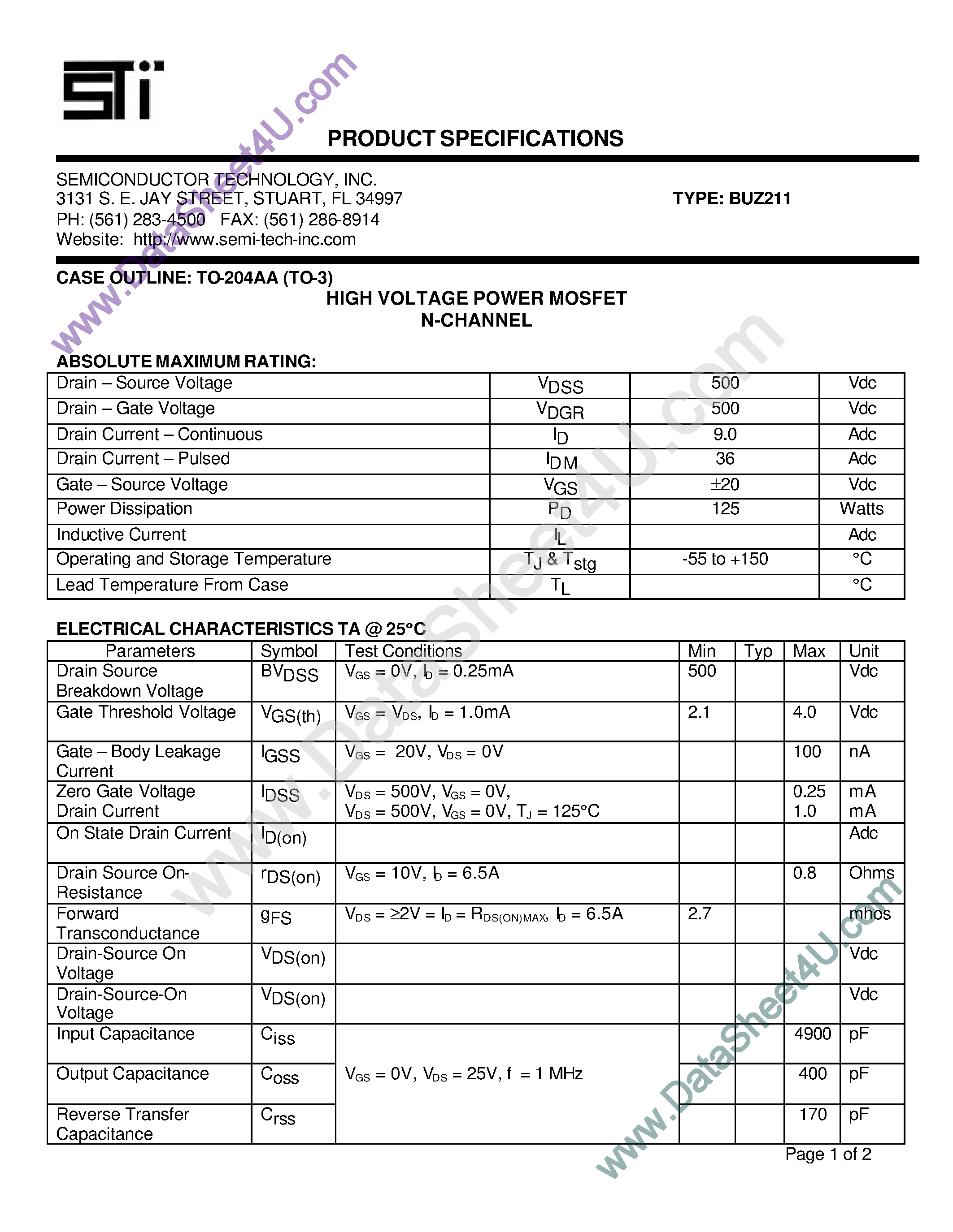 Datasheet BUZ211 page 1 Datasheet BUZ211 - High Voltage Power MOSFET N-Channel page 1