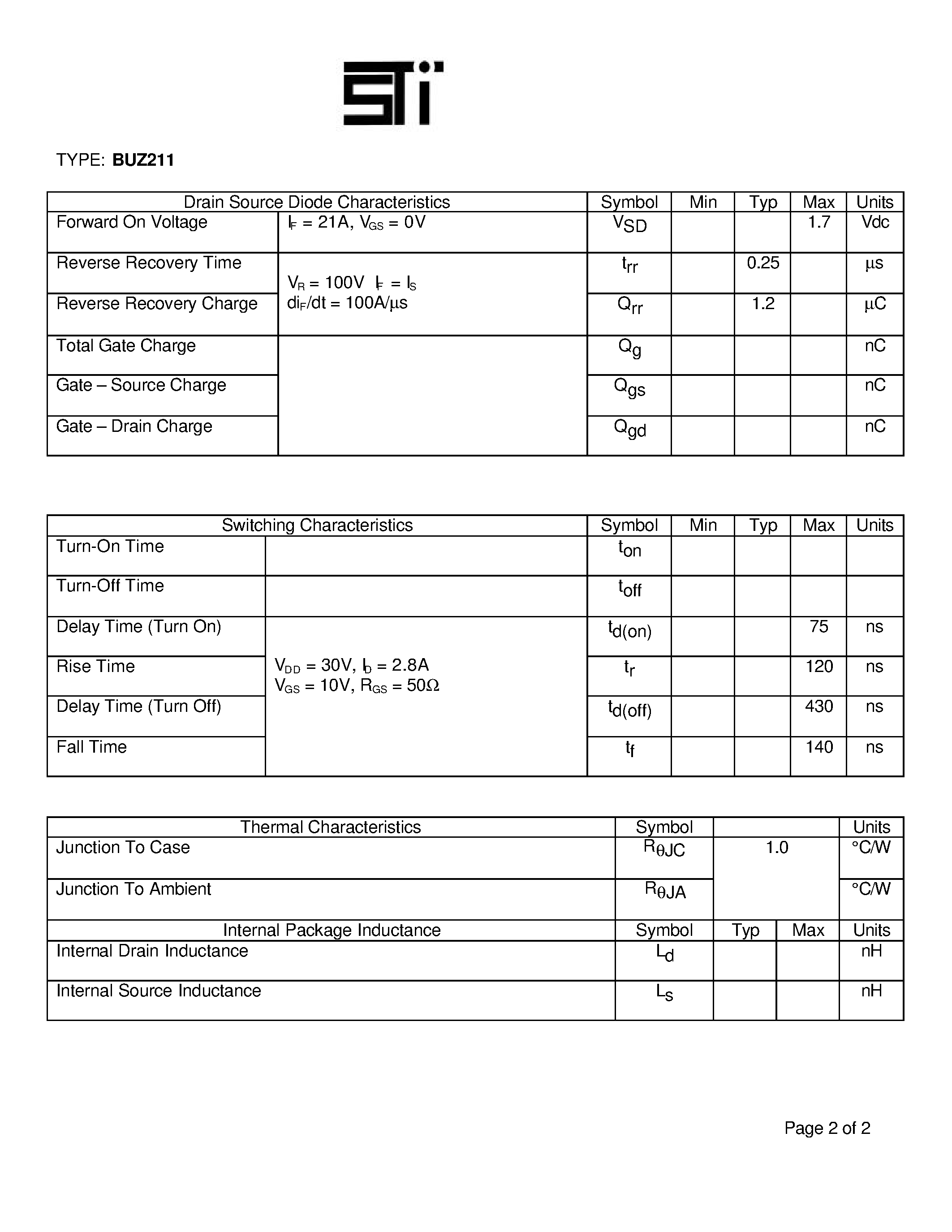 Datasheet BUZ211 page 2 Datasheet BUZ211 - High Voltage Power MOSFET N-Channel page 2