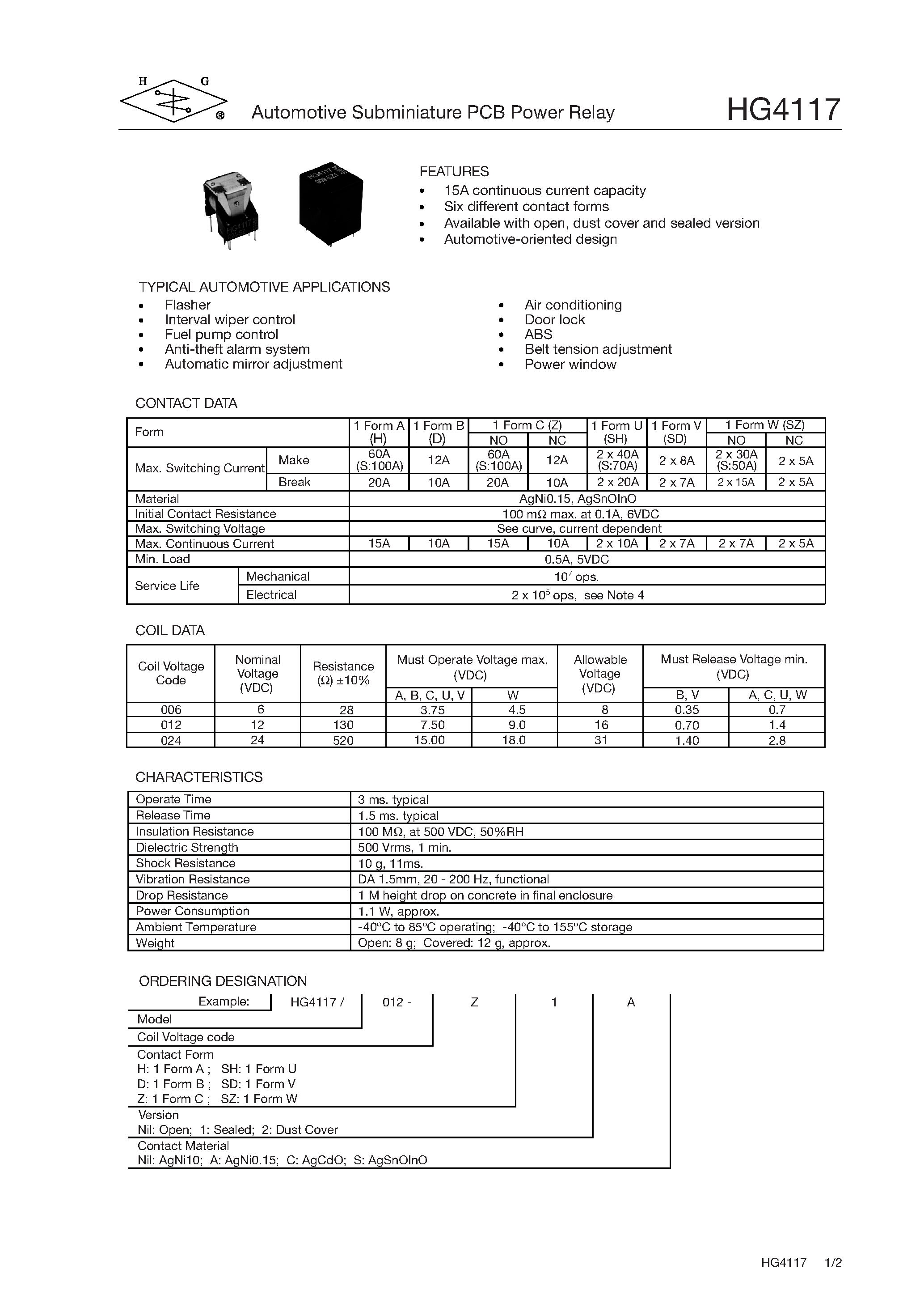 Даташит HG4117 - AUTO MOTIVE SUBMINIATURE PCB POWER RELAY страница 1