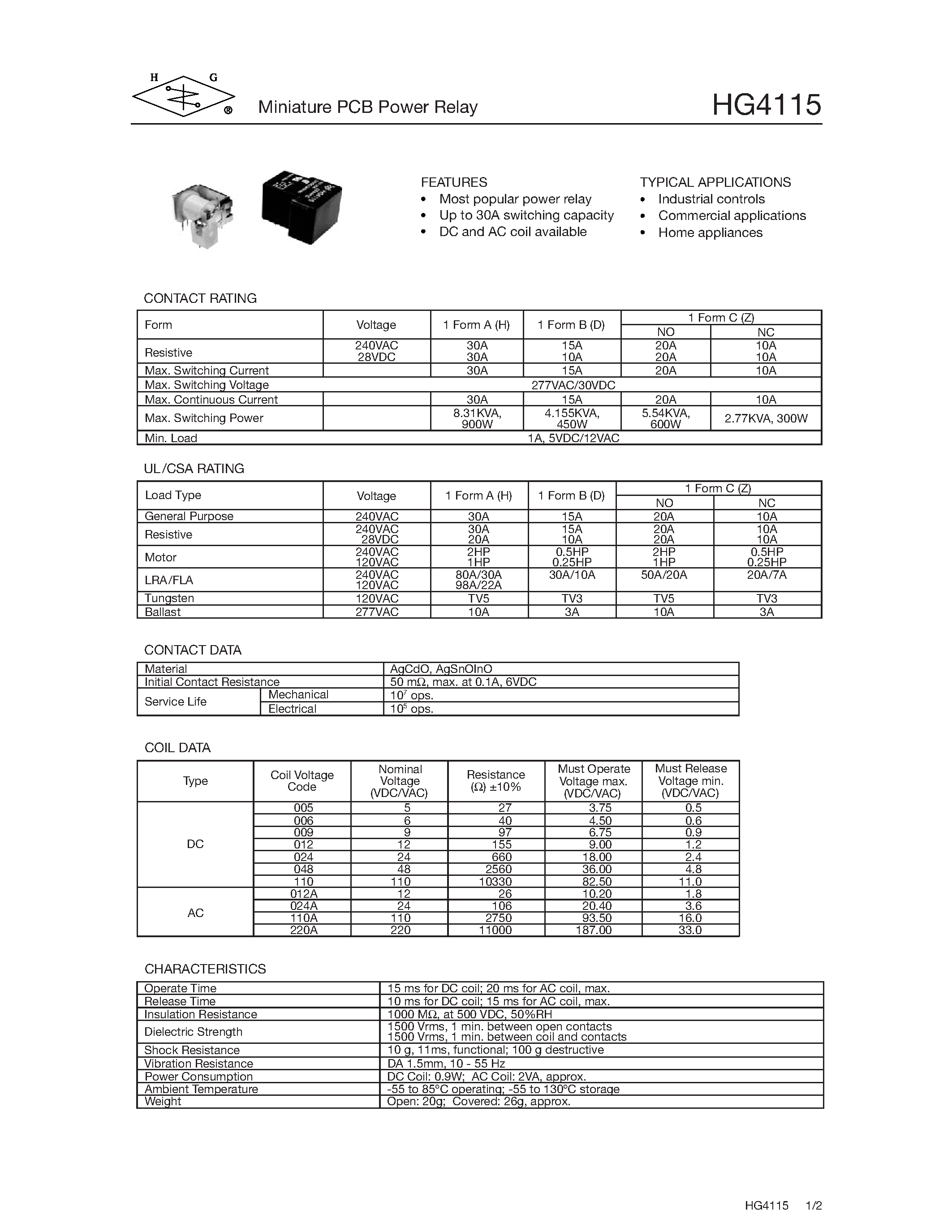 Даташит HG4115 - MINIATURE PCB POWER RELAY страница 1