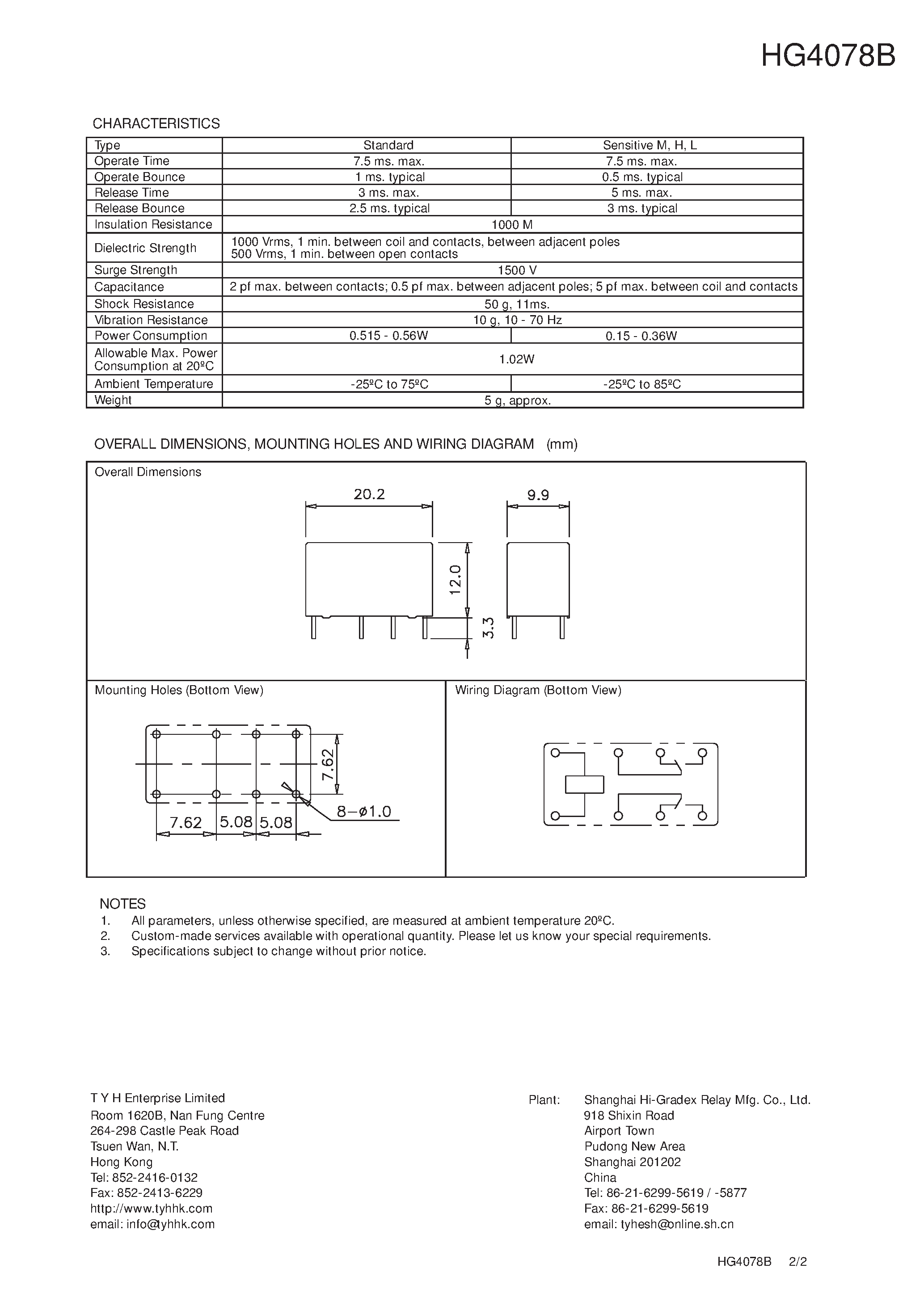 Даташит HG4078B - Subminiature PCB Telecom Relay страница 2