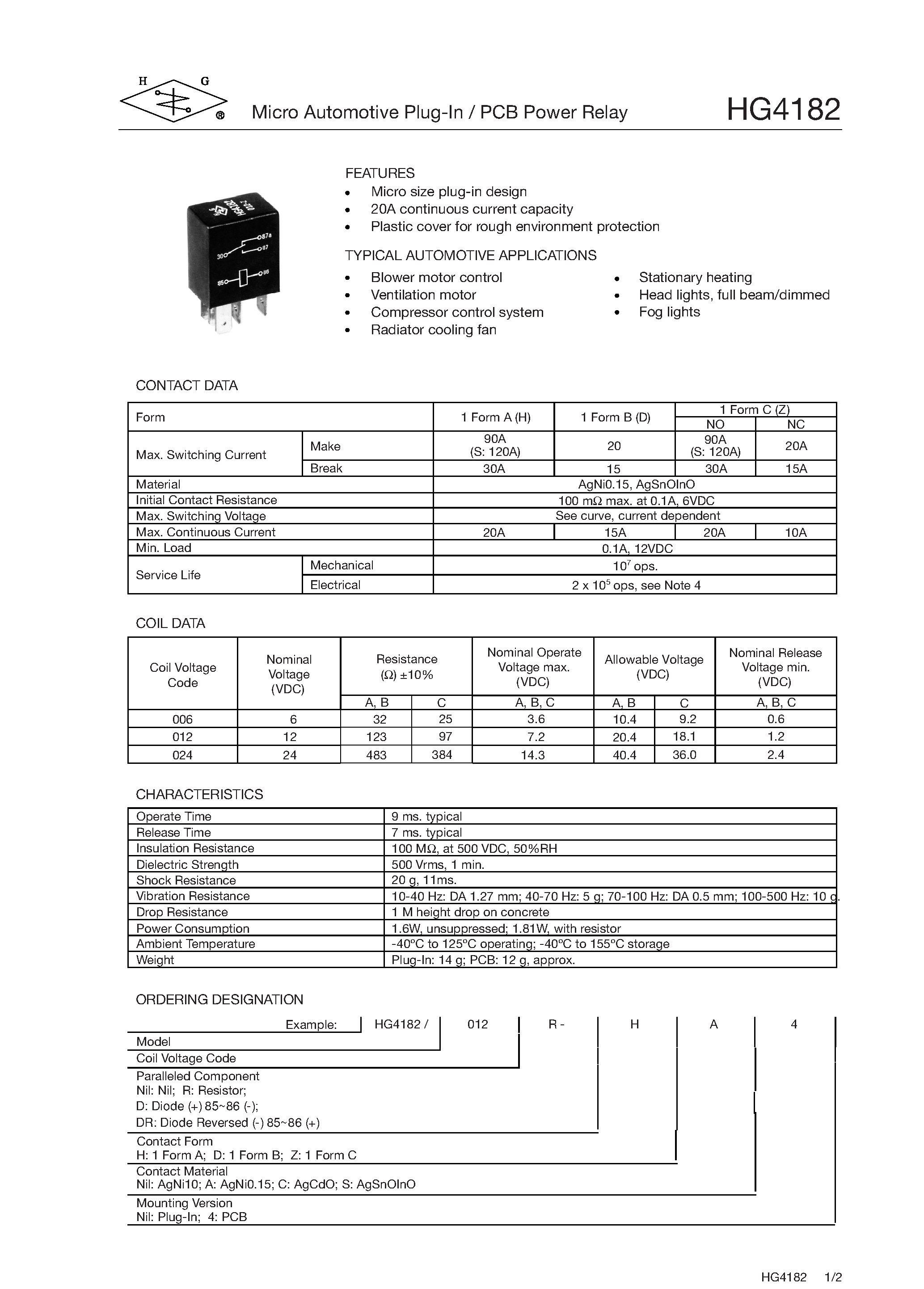 Даташит HG4182 - MICRO AUTOMOTIVE PLUG IN /PCB POWER RELAY страница 1