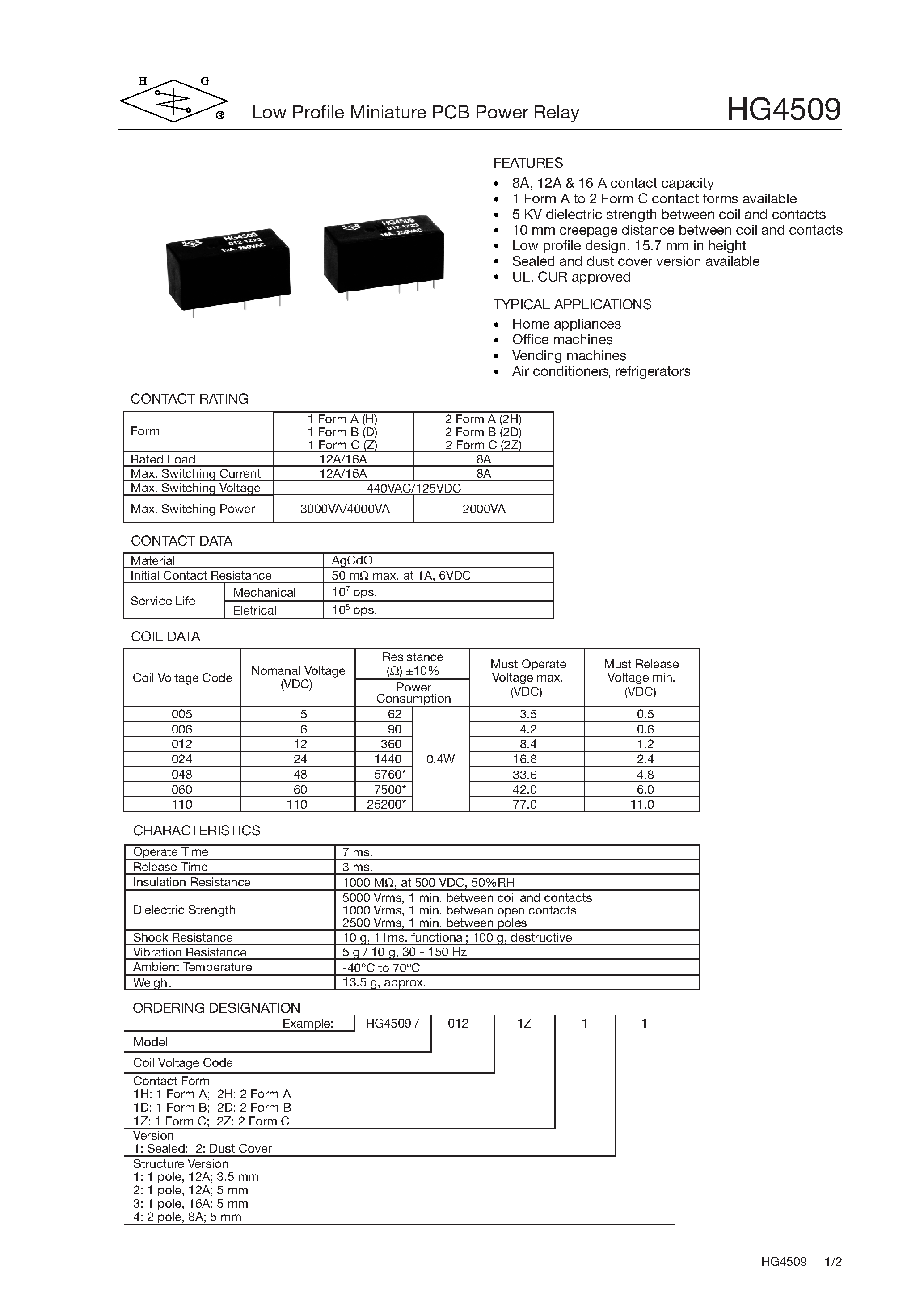 Даташит HG4509 - LOW PROFILE MINIATURE PCB POWER RELAY страница 1
