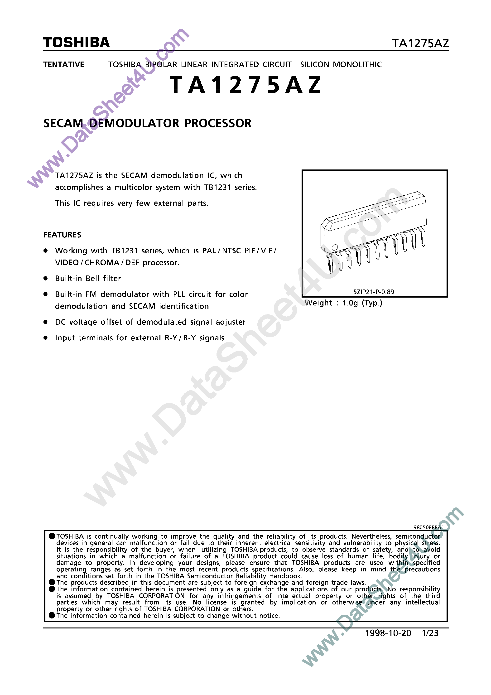 Даташит TA1275AZ - Secam Demodulator Processor страница 1
