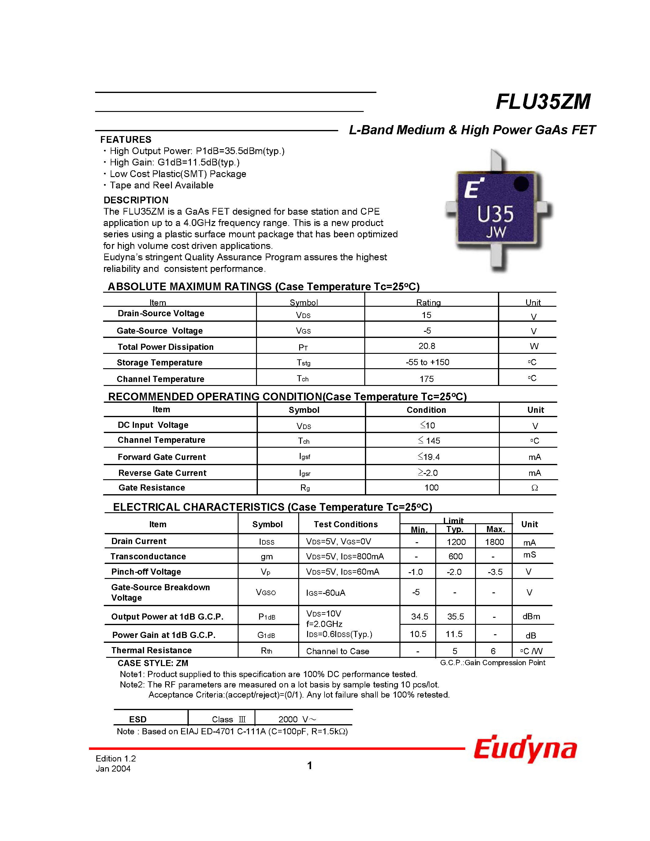 Datasheet FLU35ZM page 1 Datasheet FLU35ZM - L-Band Medium & High Power GaAs FET page 1