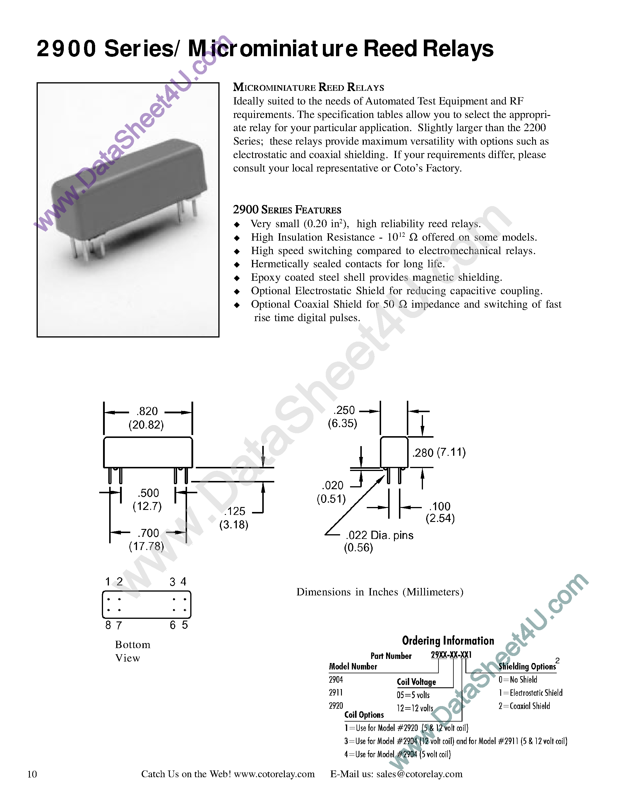 Datasheet 2911-05-30I - 2900 Series / Microminiature Reed Relays page 1