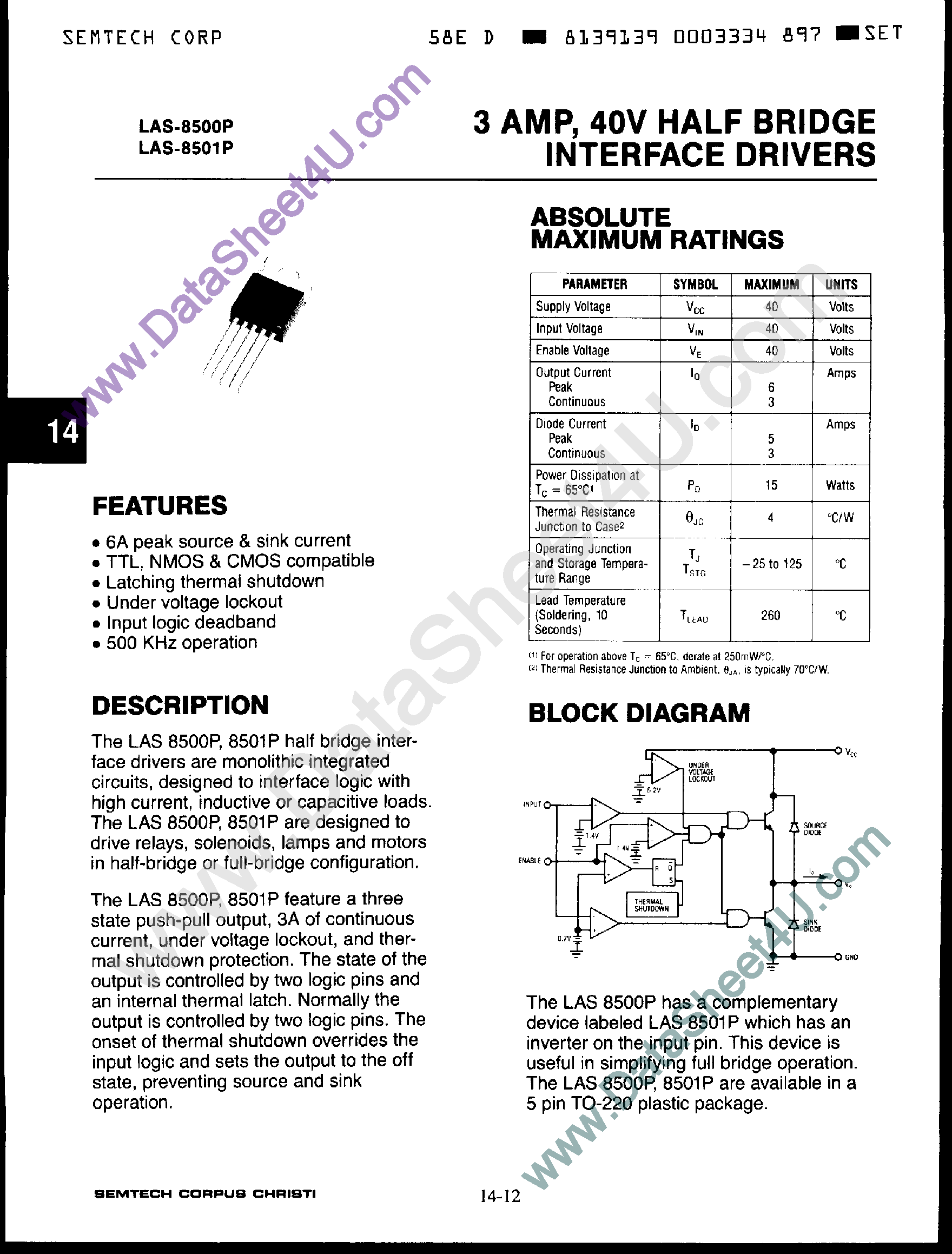 Datasheet LAS-8500P - (LAS8500P / LAS8501P) 3 Amp / 40V Half Bridge Interface Drivers page 1