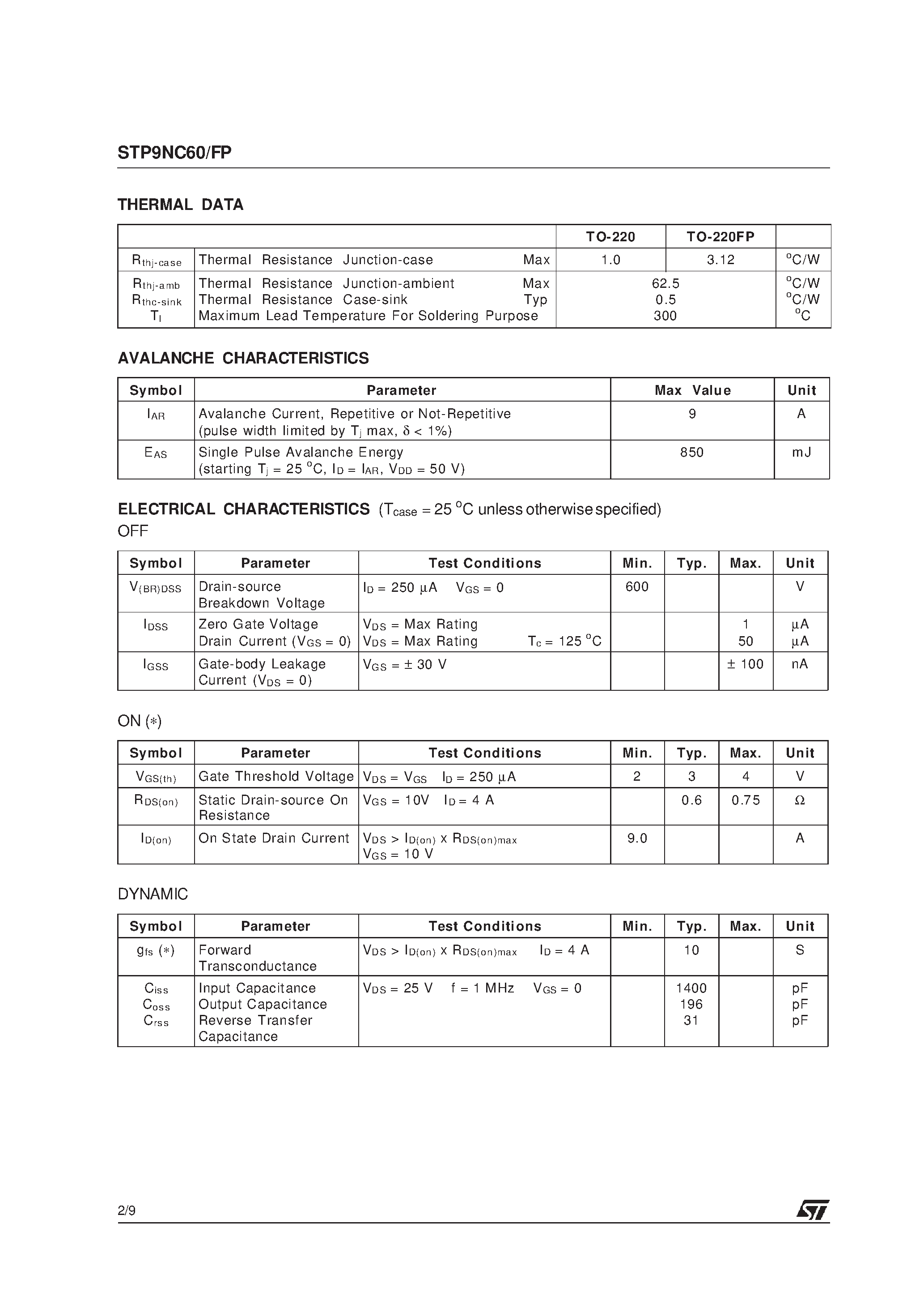Datasheet STP9NC60 page 2 Datasheet STP9NC60 - N - CHANNEL 600V - 0.6ohm - 9A TO-220/TO-220FP PowerMESHII MOSFET page 2