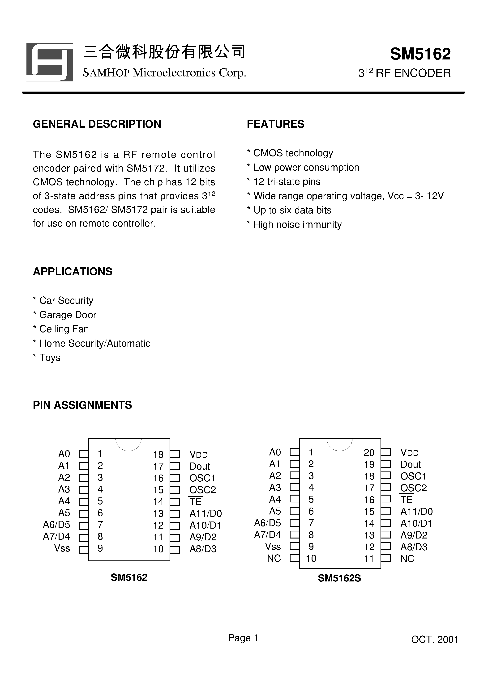 Даташит на микросхему SM5162 страница 1 Даташит SM5162 - RF remote control encoder paired with SM5172 страница 1