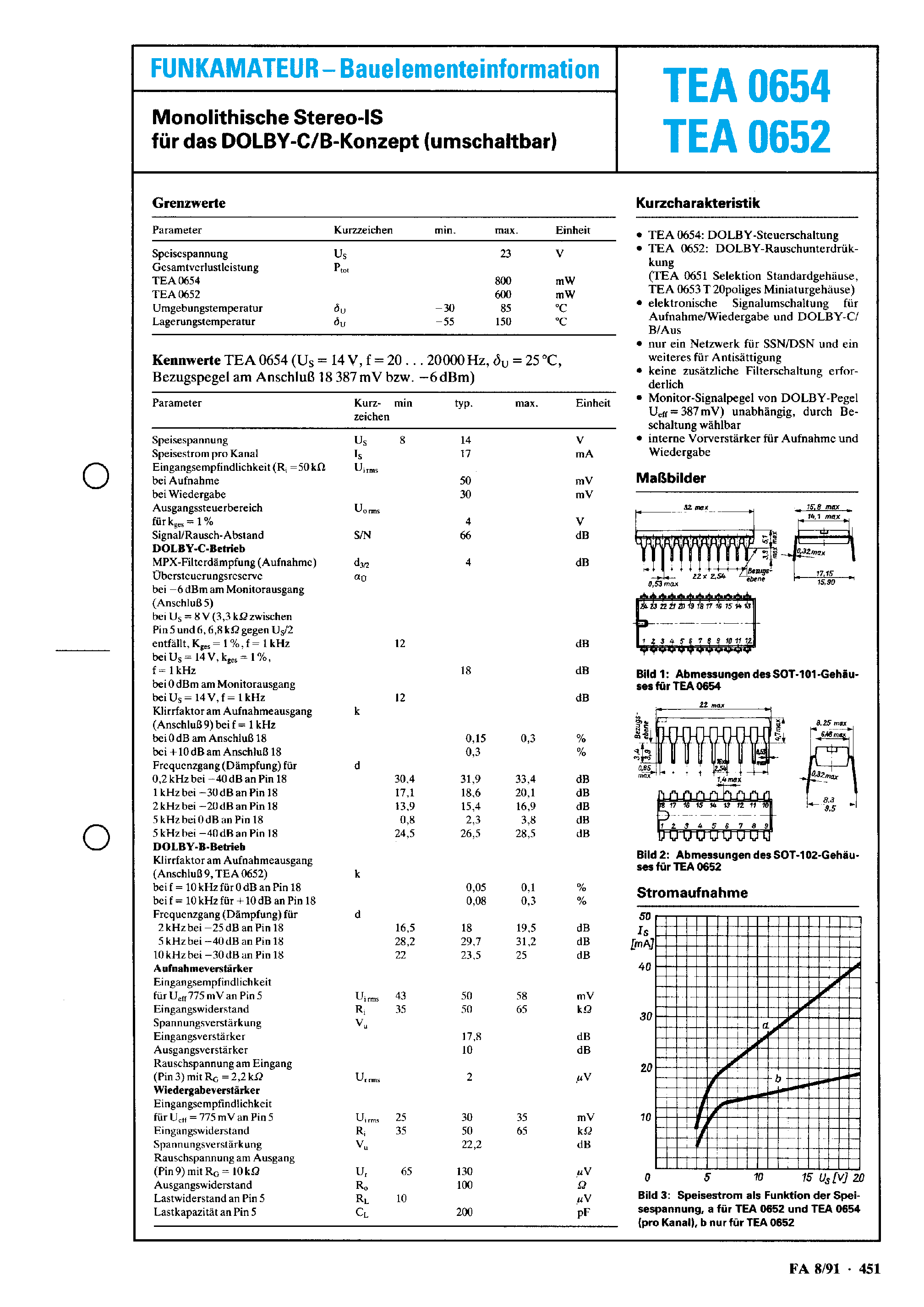 Даташит на микросхему TEA0652 страница 1 Даташит TEA0652 - (TEA0652 / TEA0654) MONOLITHISCHE STEREO IS страница 1