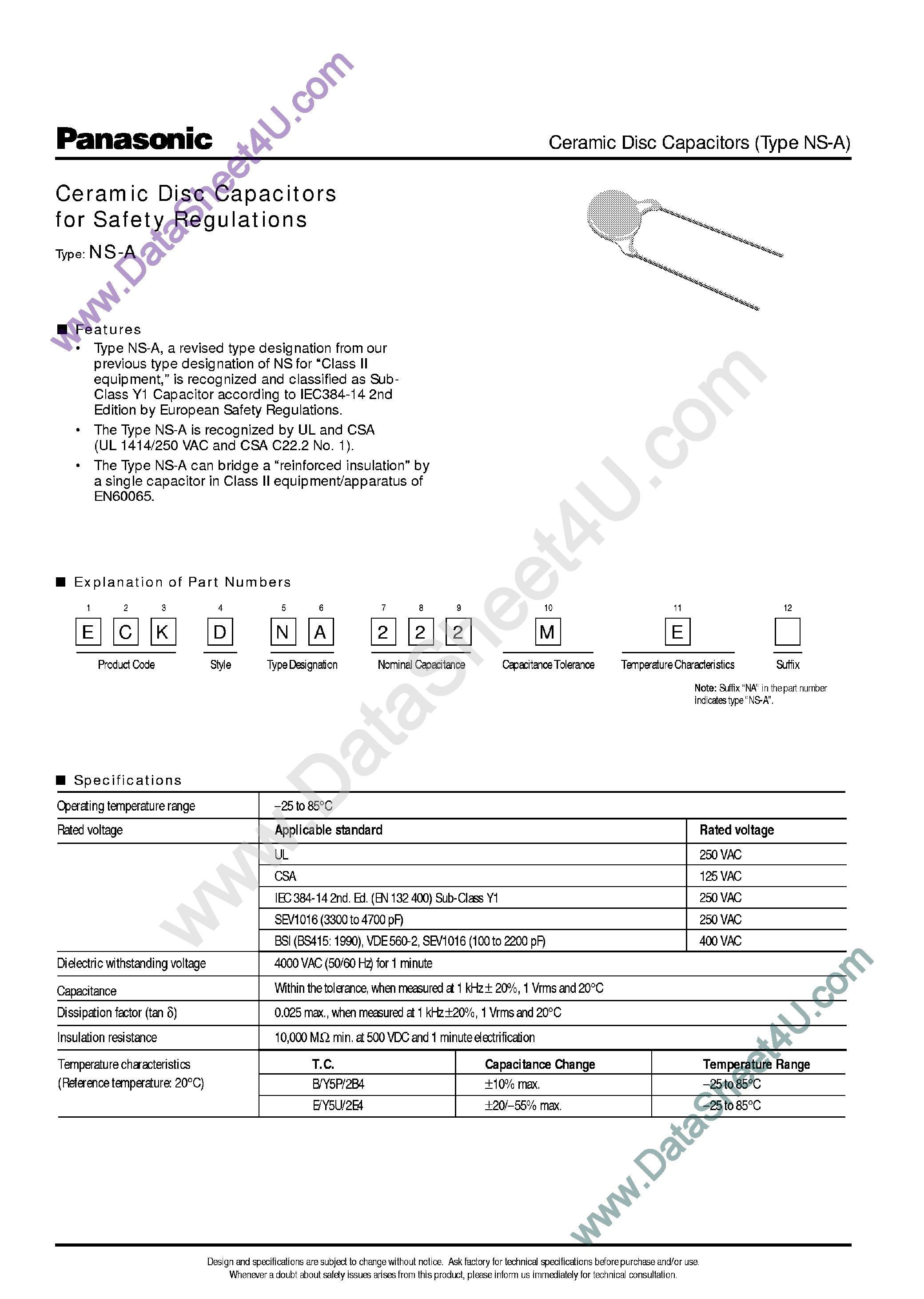 Datasheet ECKDNA101xxxB page 1 Datasheet ECKDNA101xxxB - (ECKDNxxxxx) Ceramic Disc Capacitors page 1