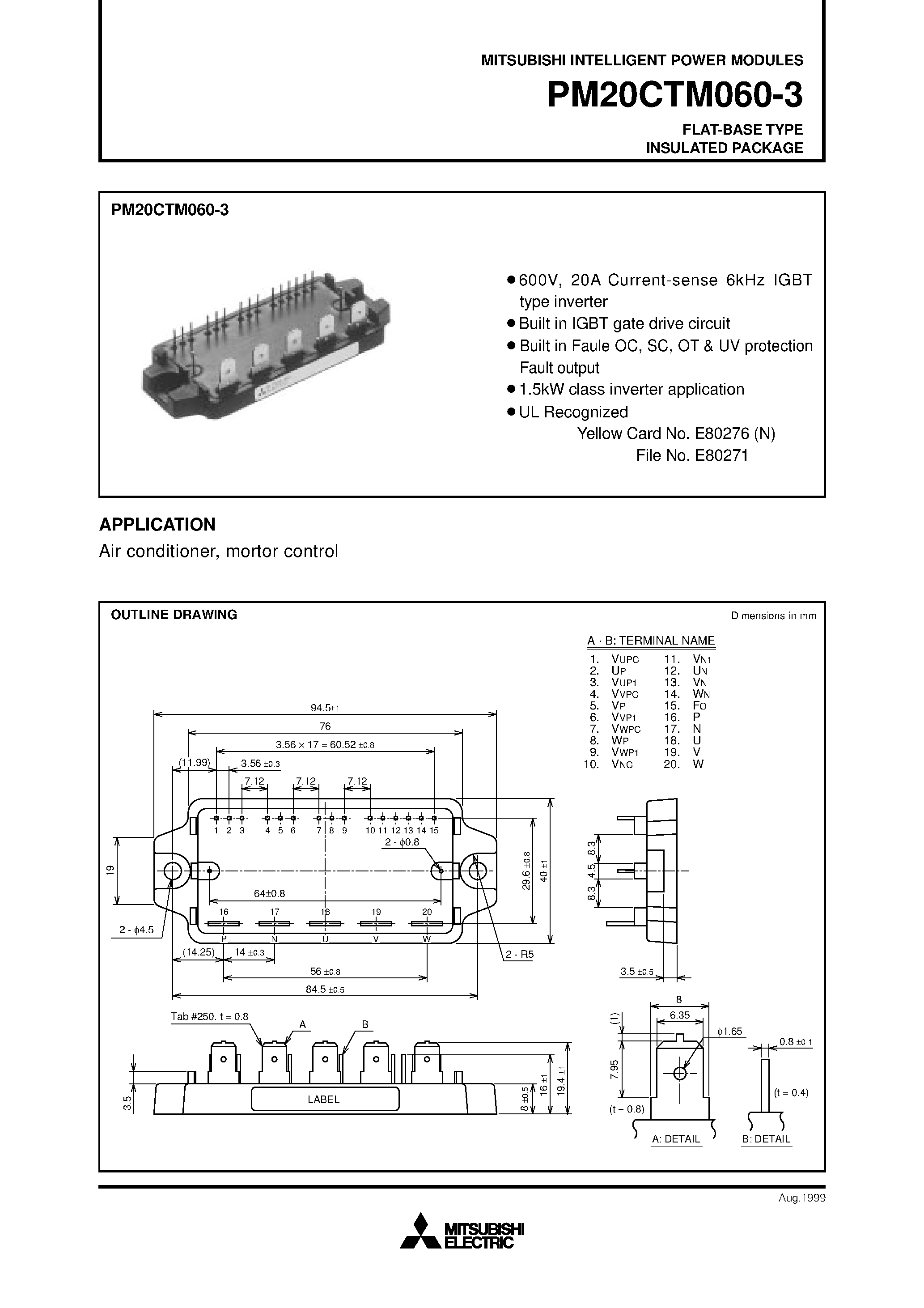 Datasheet PM20CTM060-3 - FLAT-BASE TYPE INSULATED PACKAGE page 1