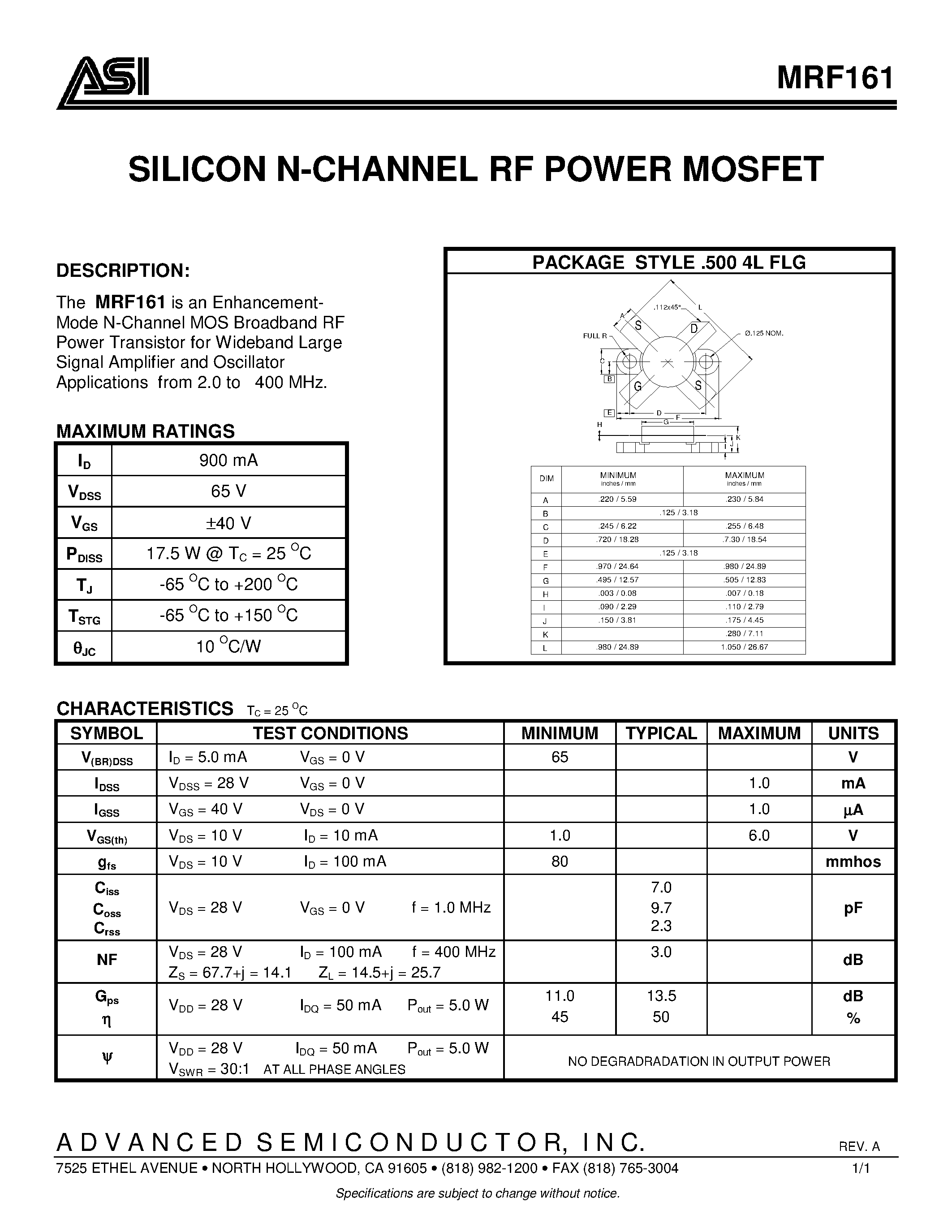 Datasheet MRF161 - SILICON N-CHANNEL RF POWER MOSFET page 1