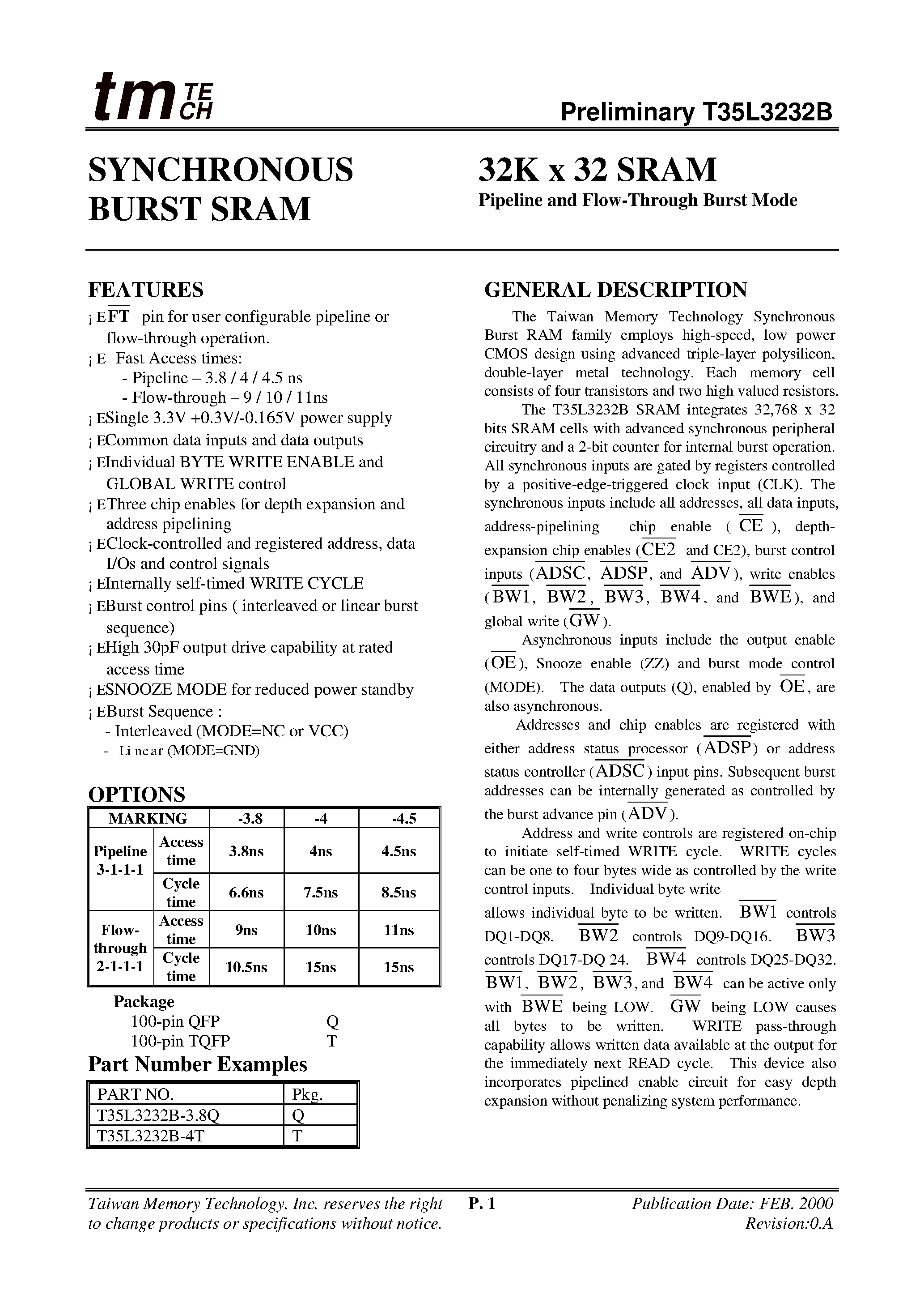 Даташит T35L3232B - 32K x 32 SRAM страница 1